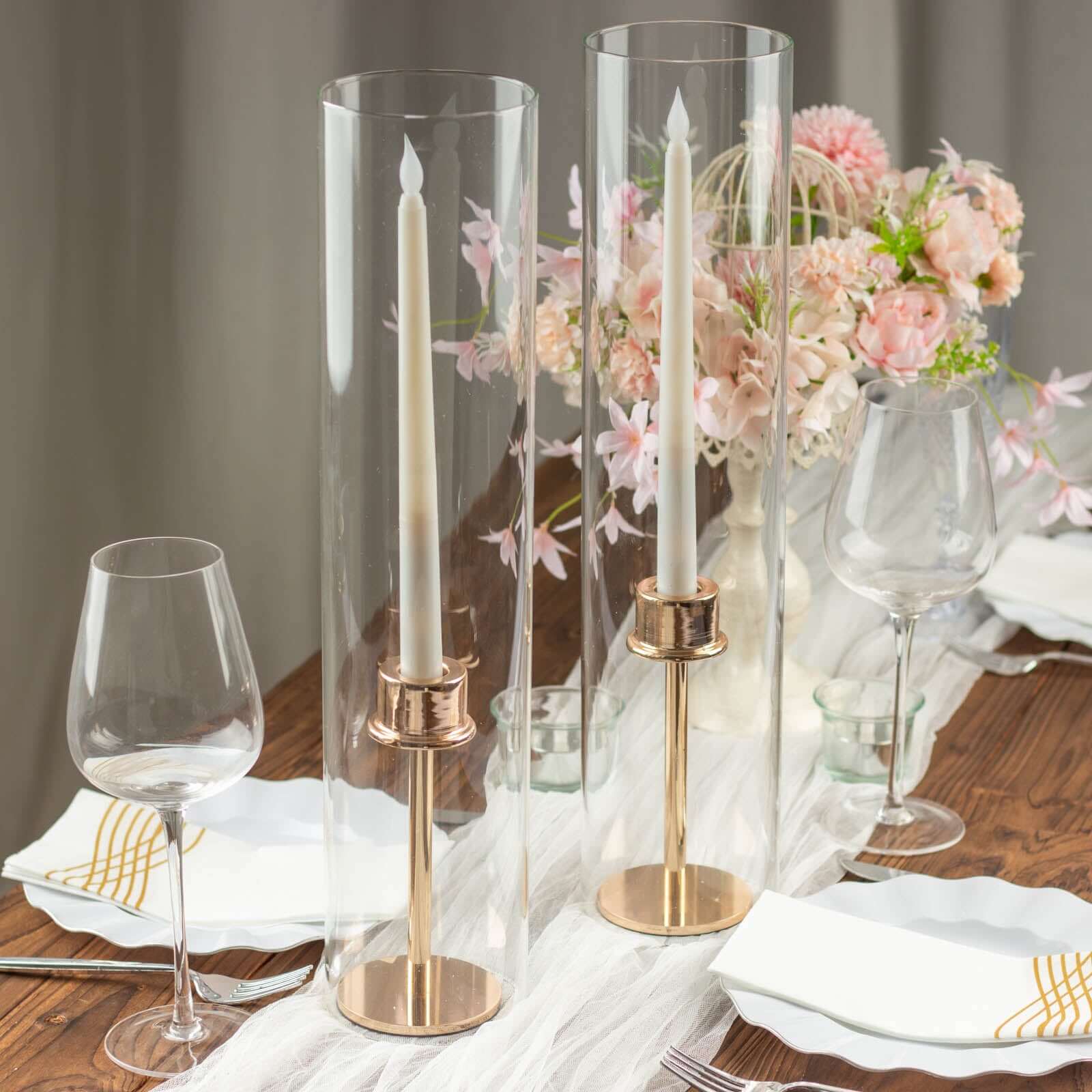 2-Pack Clear Glass Candelabra Shades Open End Hurricane Design - Stylish Table Centerpiece 14"
