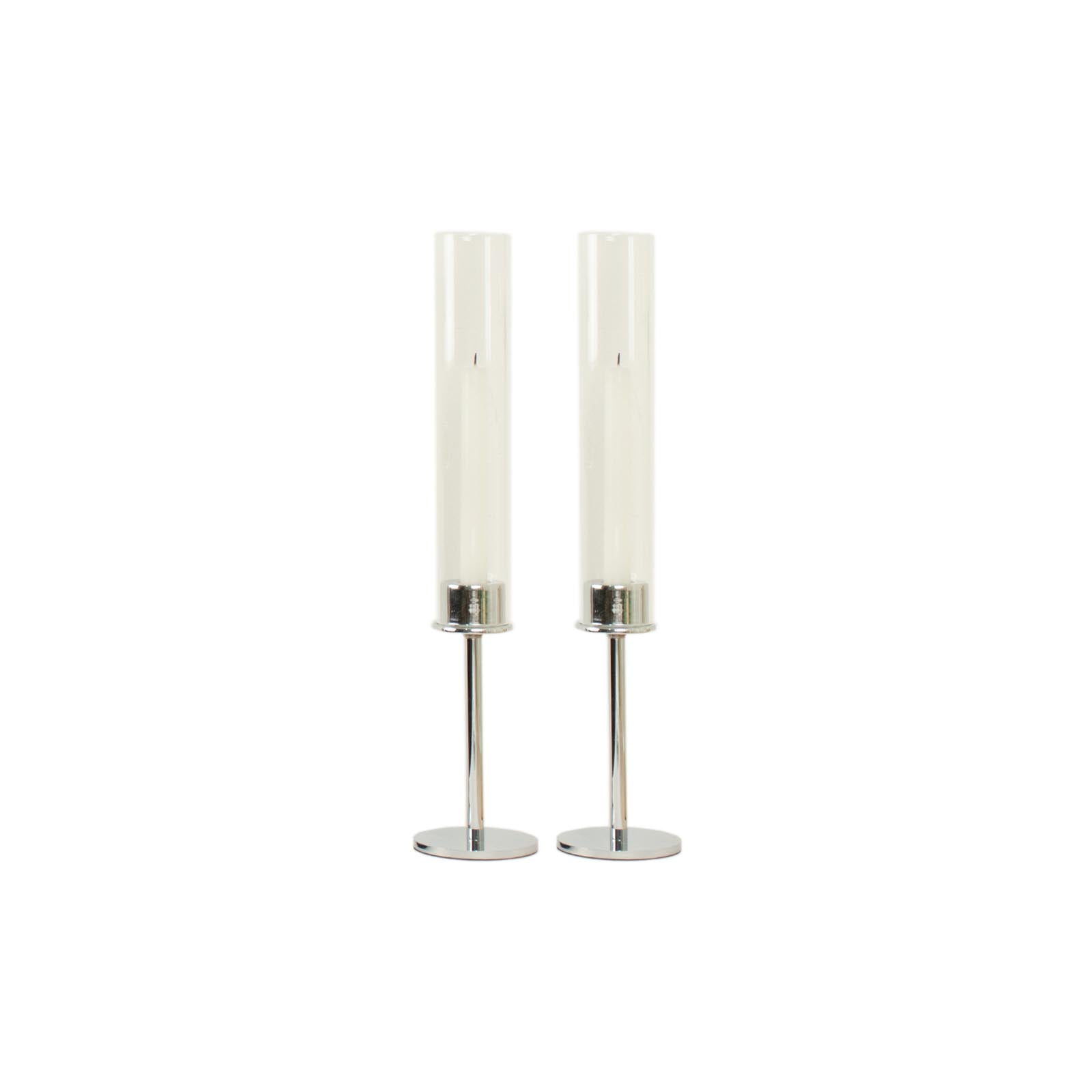 2-Pack Silver Metal Taper Candlestick Holders, Clear Glass Hurricane Candle Stands With Chimney Candle Shades 16"