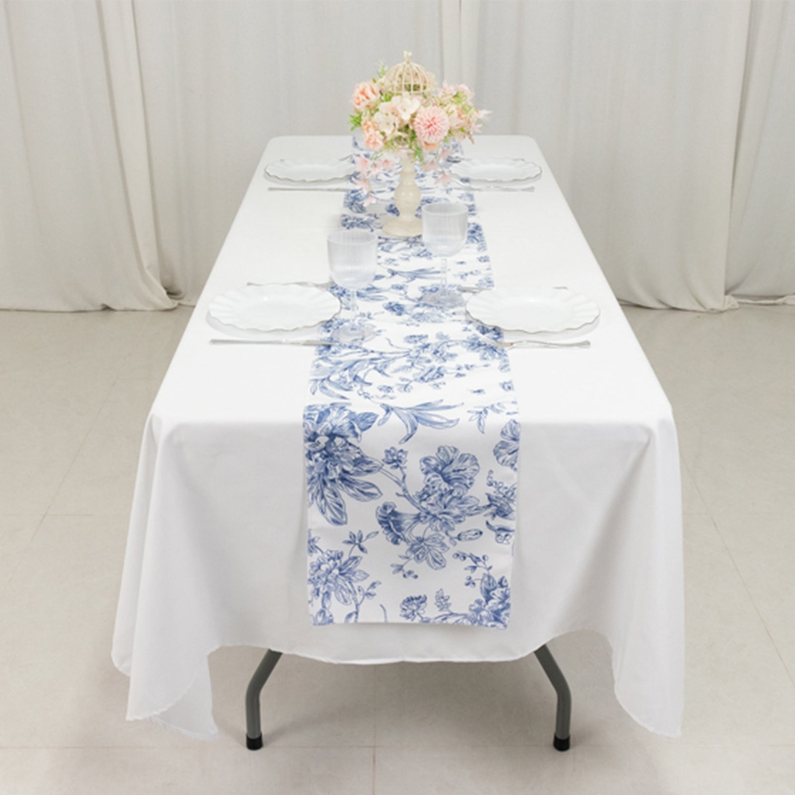 Polyester Table Runner 12"x108" White with Blue French Toile Floral Print - Stylish Reusable Table Décor