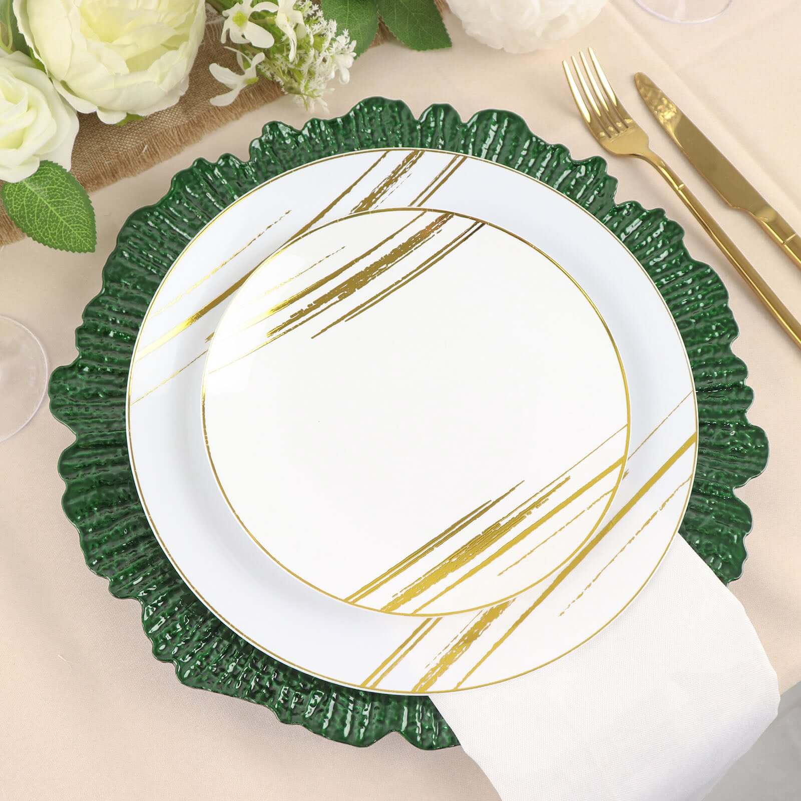 6-Pack Acrylic Plastic Round Charger Plates 13" in Hunter Emerald Green with Reef Design, Dinner Charger Tableware