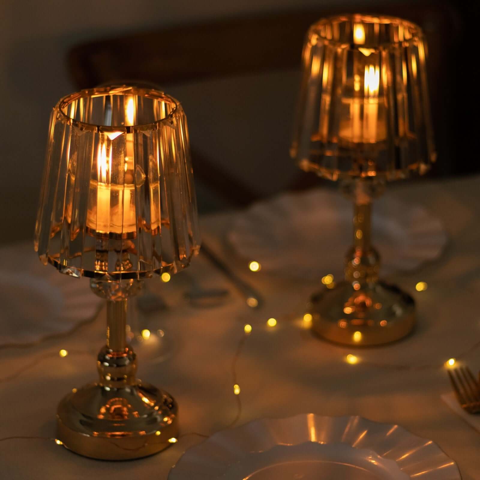 2-Pack 11" Crystal Pendant Candle Holders - Classic Empire Lamp Shade Style in Gold, Votive Candle Stand For Table Centerpieces