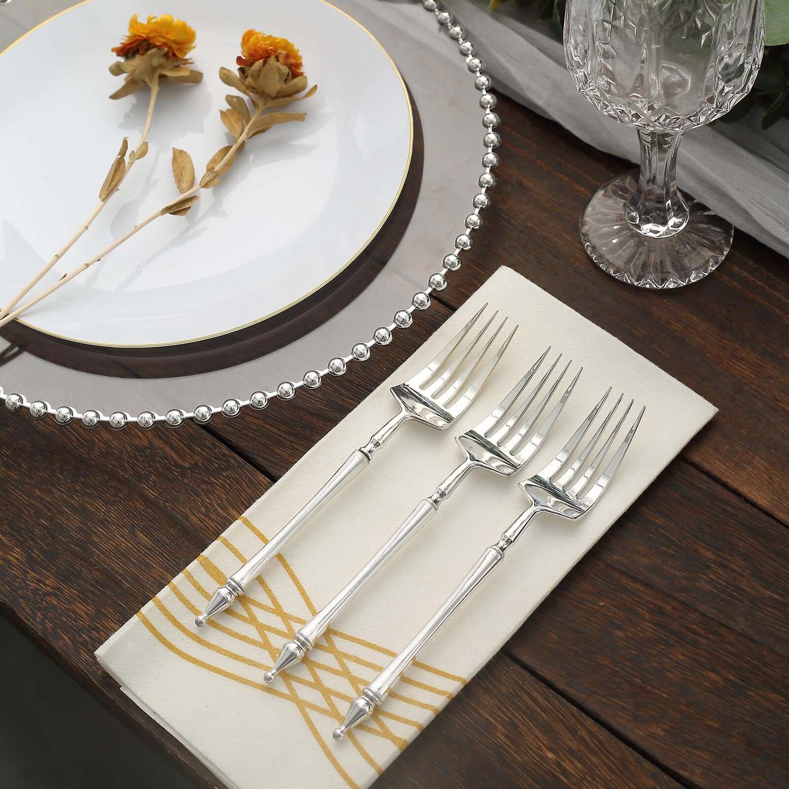 24-Pack Plastic Dessert Forks with Roman Column Handle Silver - European Style Disposable Utensils 6"