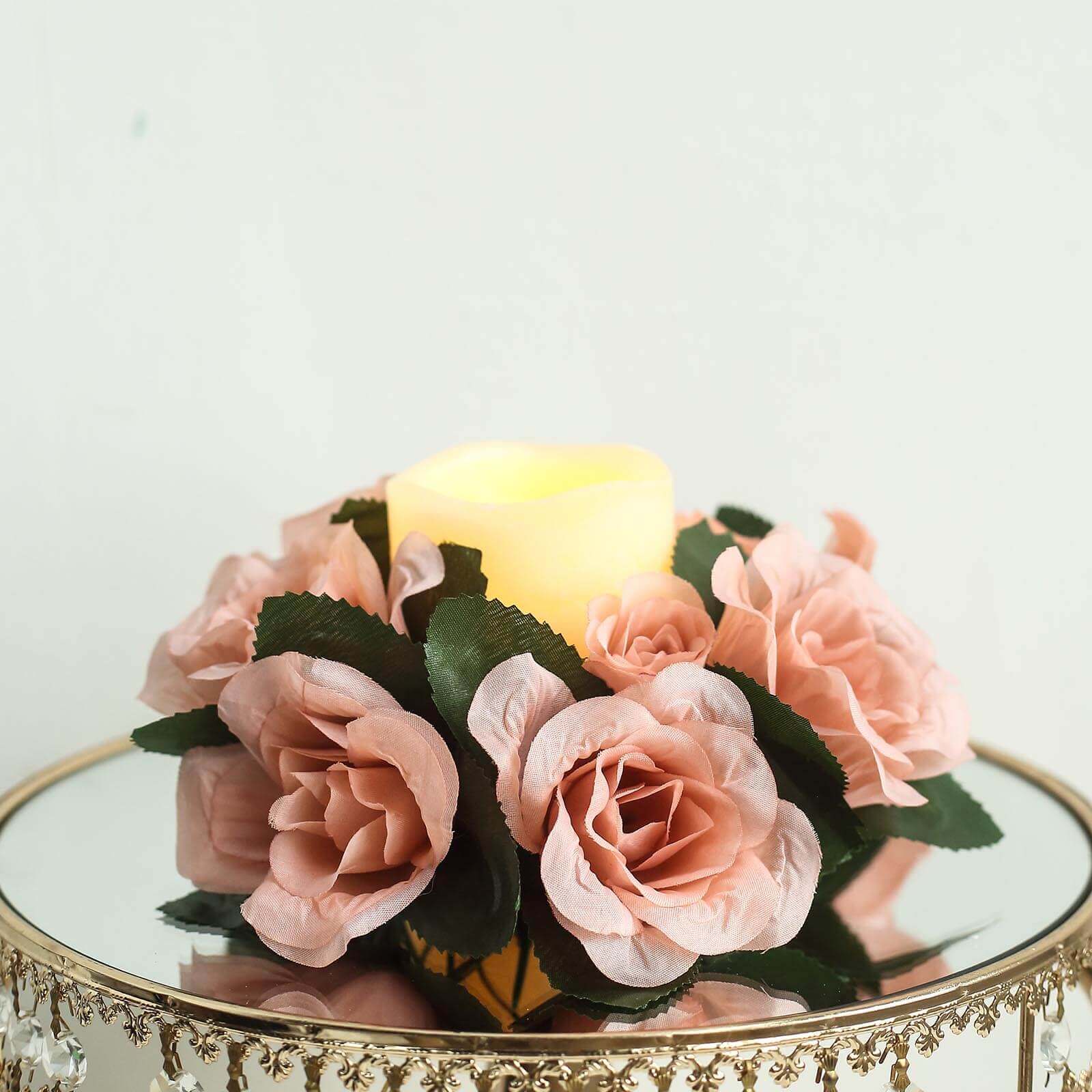 4 Pack 3" Dusty Rose Artificial Silk Rose Flower Candle Ring Wreaths