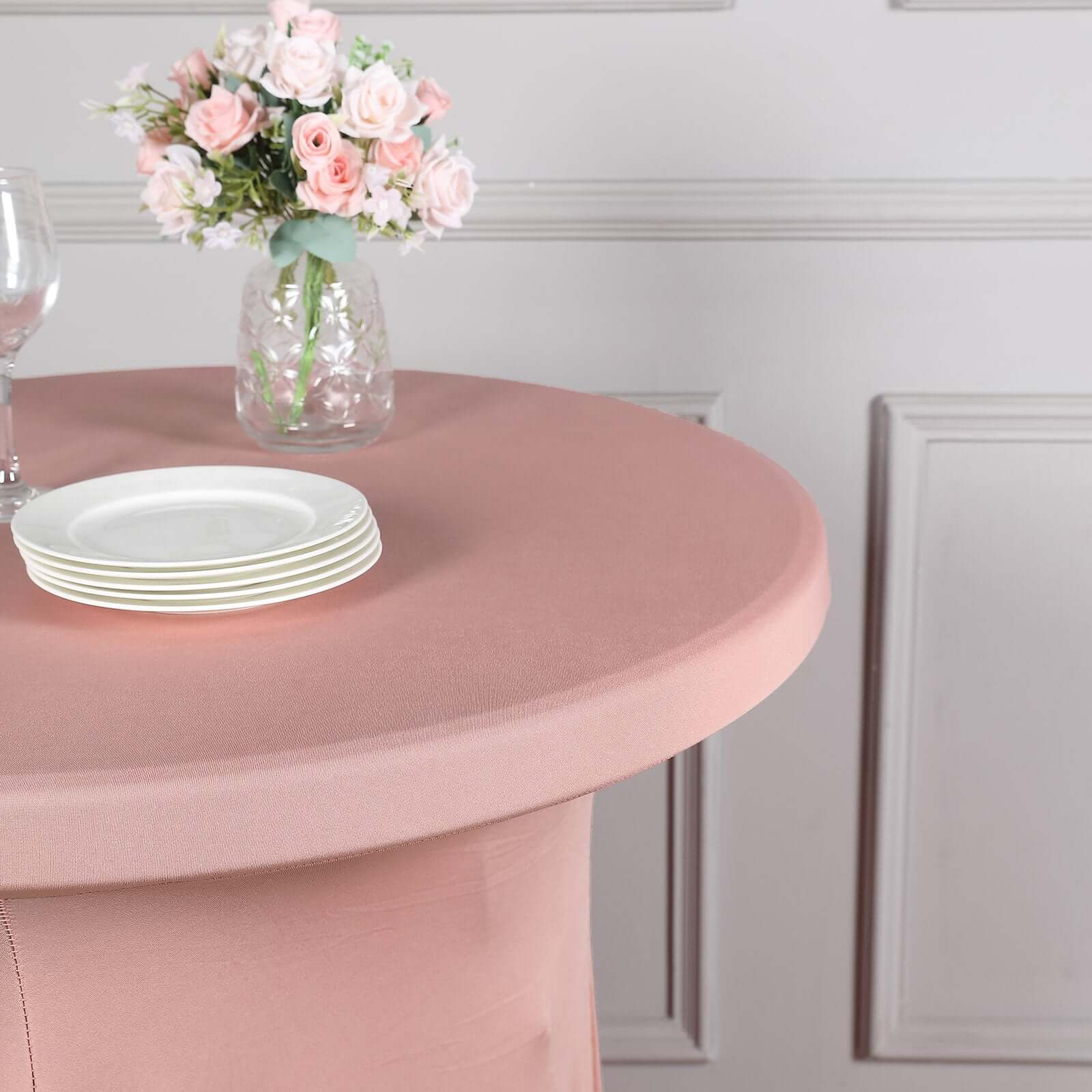 Spandex 32" Round Cocktail Table Cover Skirt Dusty Rose With Natural Wavy Drapes