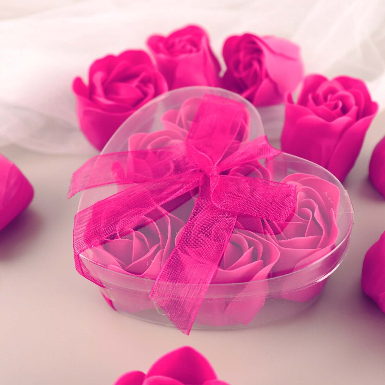 4 Pack 24 Pcs Fuchsia Scented Rose Soap Heart Shaped Party Favors With Gift Boxes And Ribbon