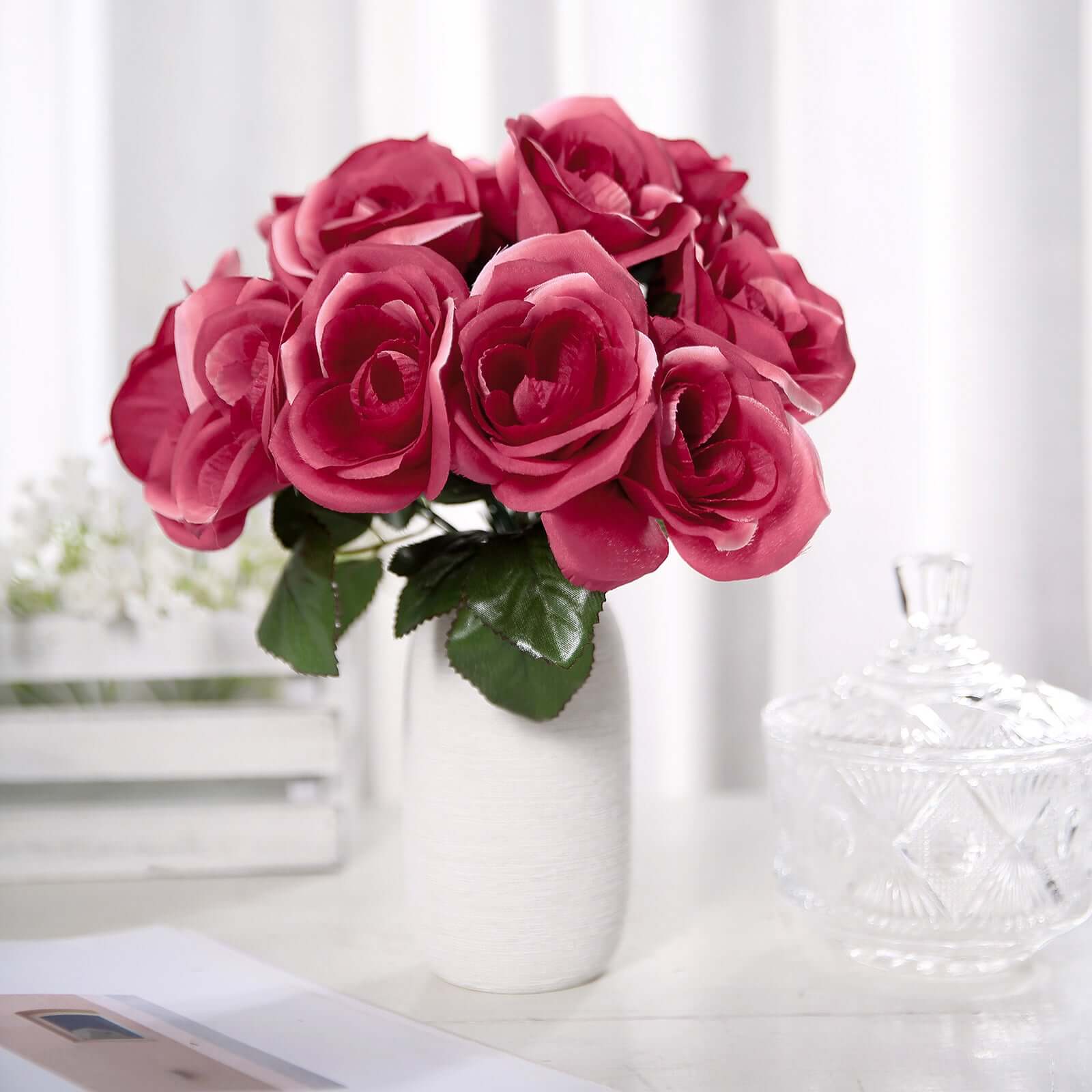 12" Fuchsia Artificial Velvet-Like Fabric Rose Flower Bouquet Bush