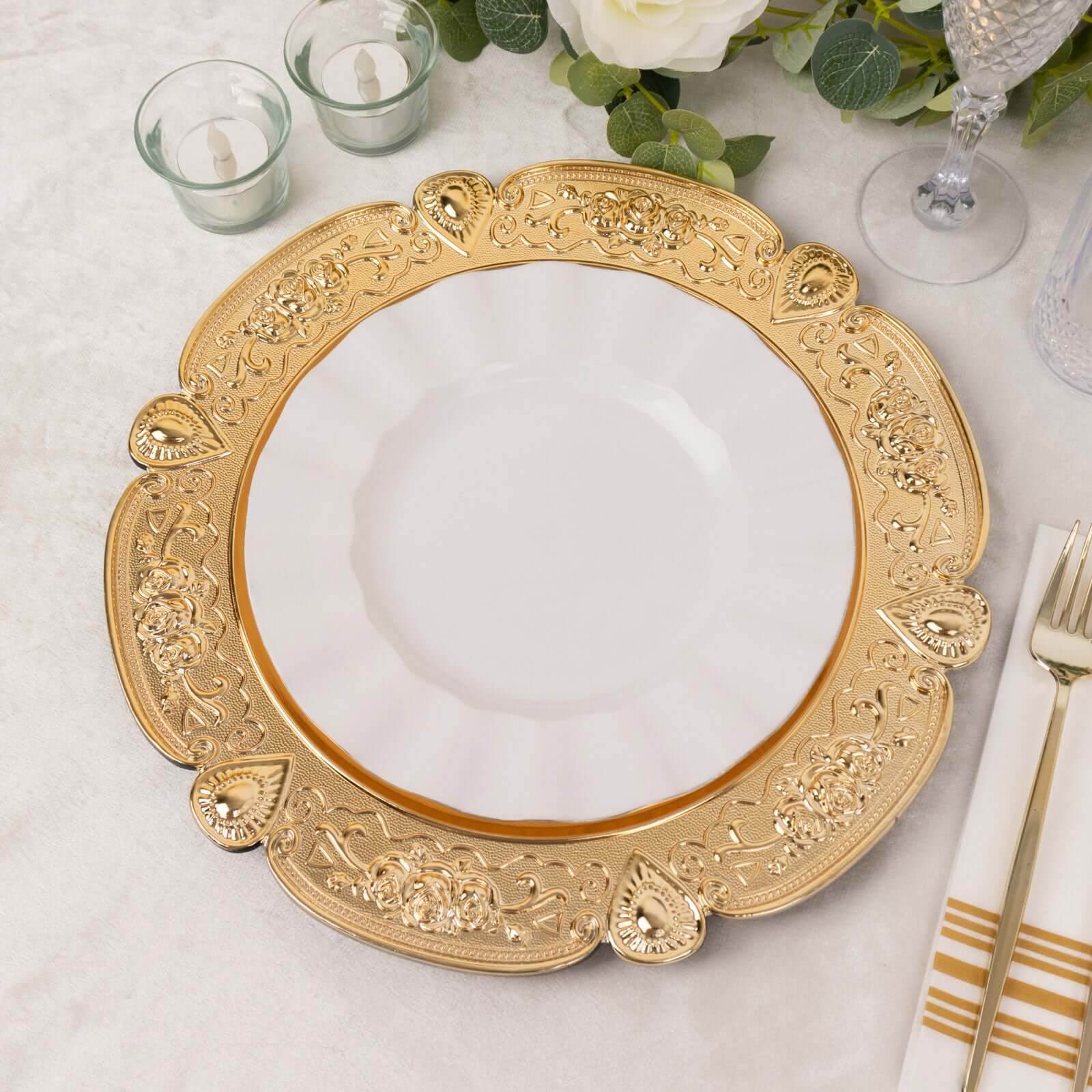 6-Pack Acrylic Round Charger Plates 13" in Gold Floral Embossed with Scalloped Rim, Plastic Decorative Charger Tableware