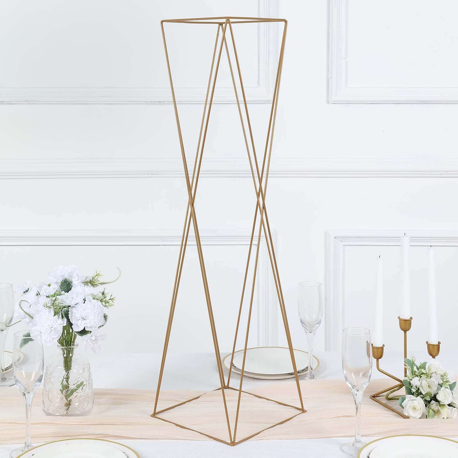 2-Pack Wedding Centerpieces Metal Geometric Crisscross Design Gold - Open Column Pedestal Stands 32"