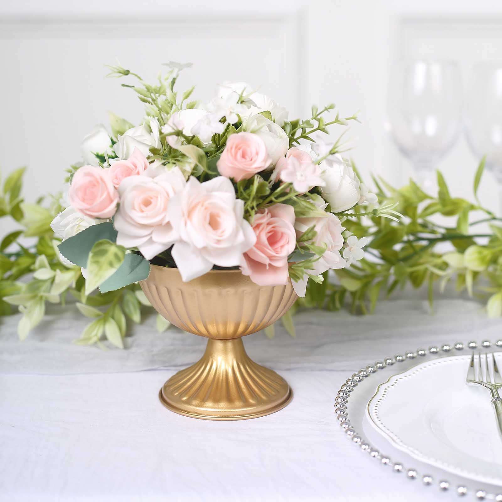 2-Pack Metal Pedestal Flower Vases Ribbed Bowl Style Gold - Antique Mini Compote Vase for Sophisticated Wedding Centerpieces 4"