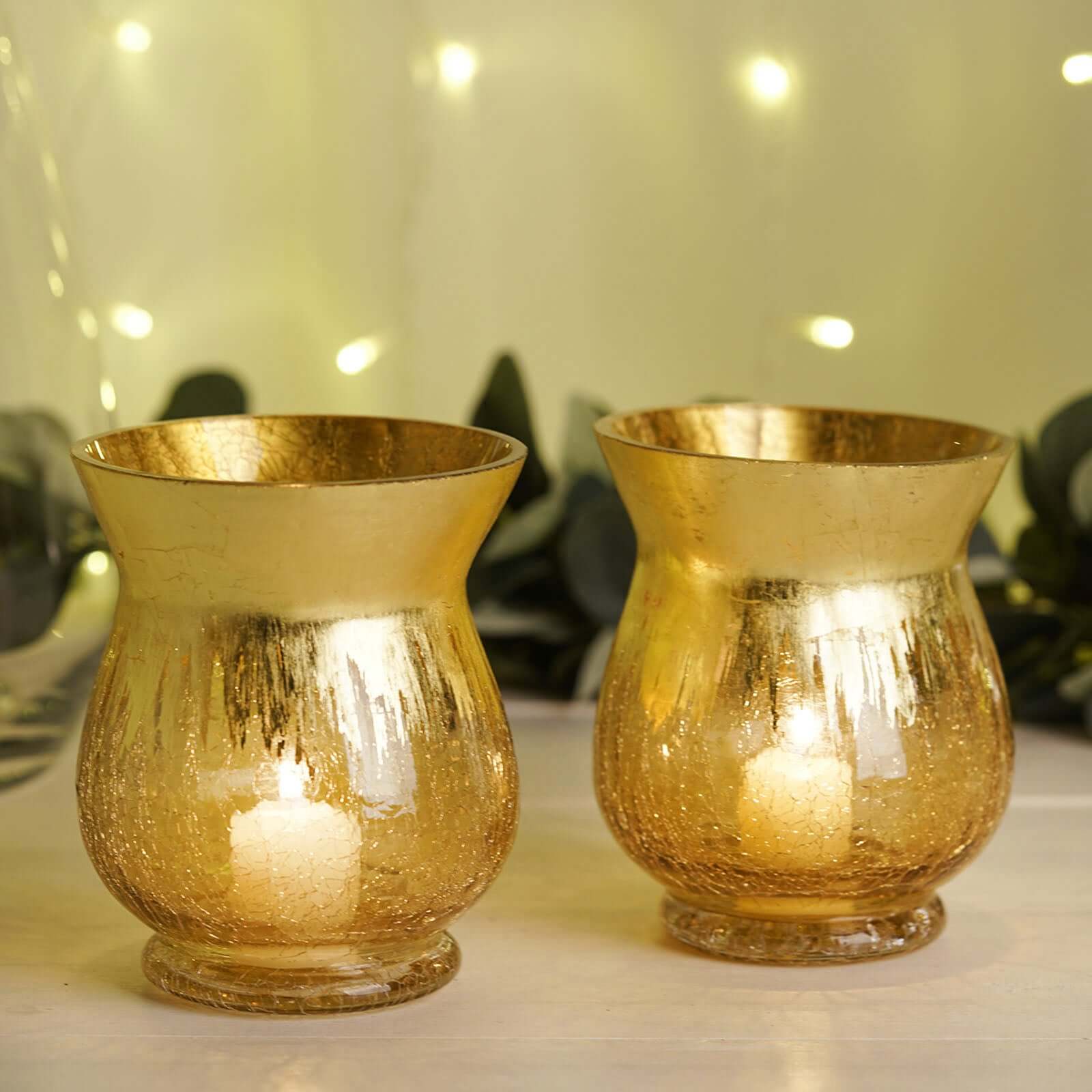 2-Pack Glass Hurricane Vases Bell Shaped Crackle Gold Curvy Design - Decorative Candle Holder Centerpieces 6"