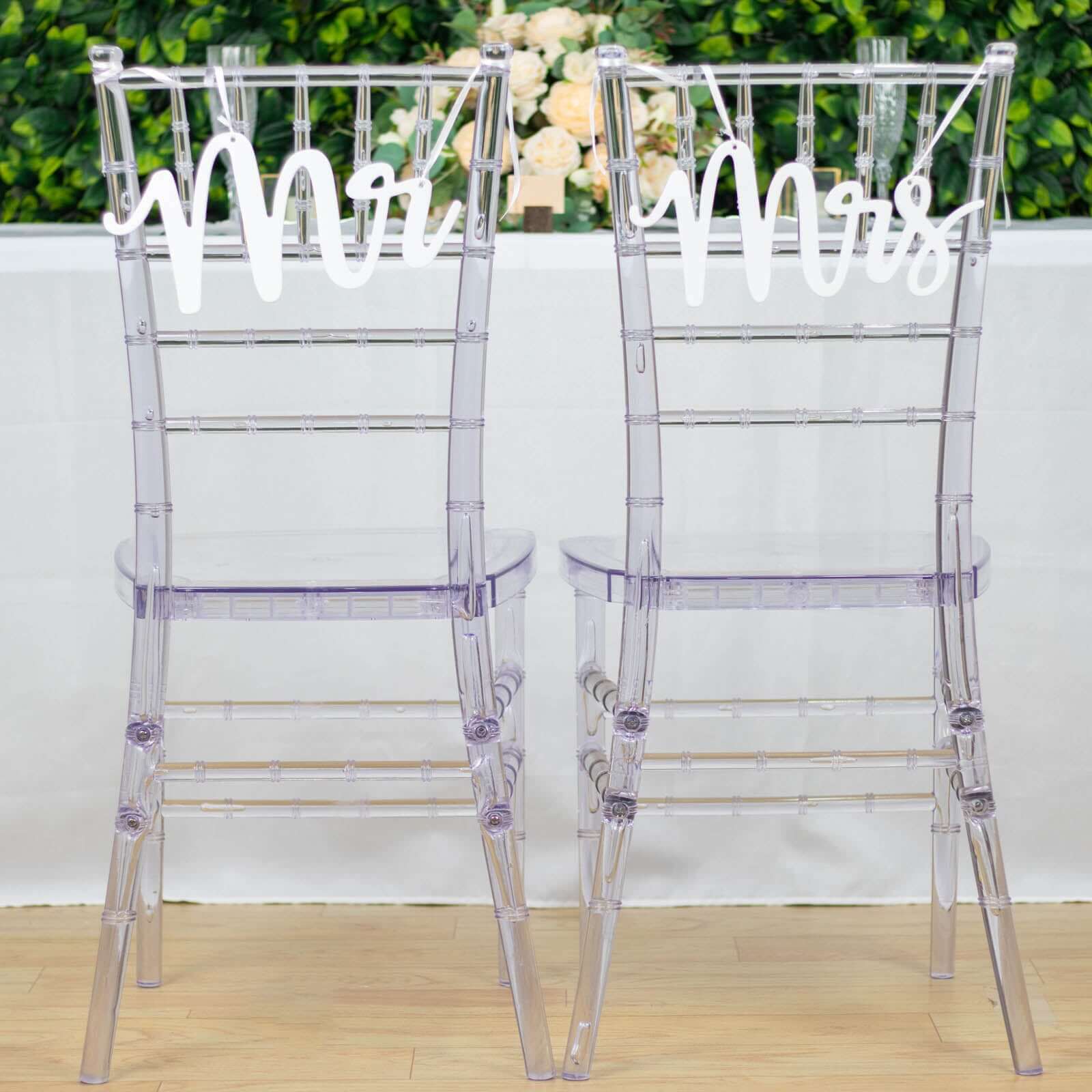 Set of 2 Wood Mr and Mrs Chair Signs White - Chic Calligraphy Wall Hanging Wedding Decor & Props 12"x6"