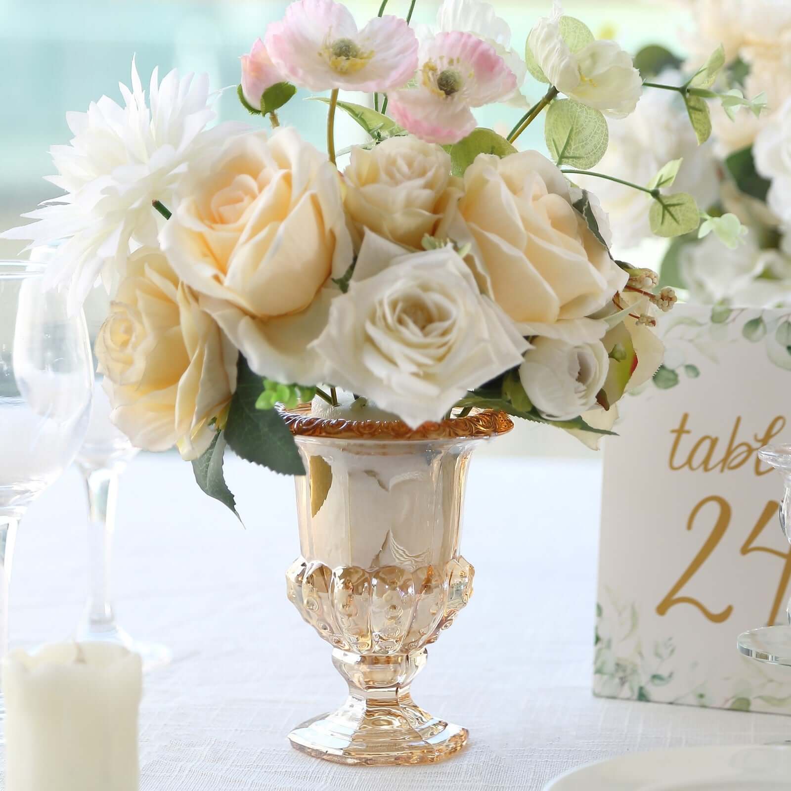 2-Pack Glass Mini Pedestal Flower Vases in Classic Roman Urn Style Amber Gold - Sophisticated Wedding Table Centerpieces 6"