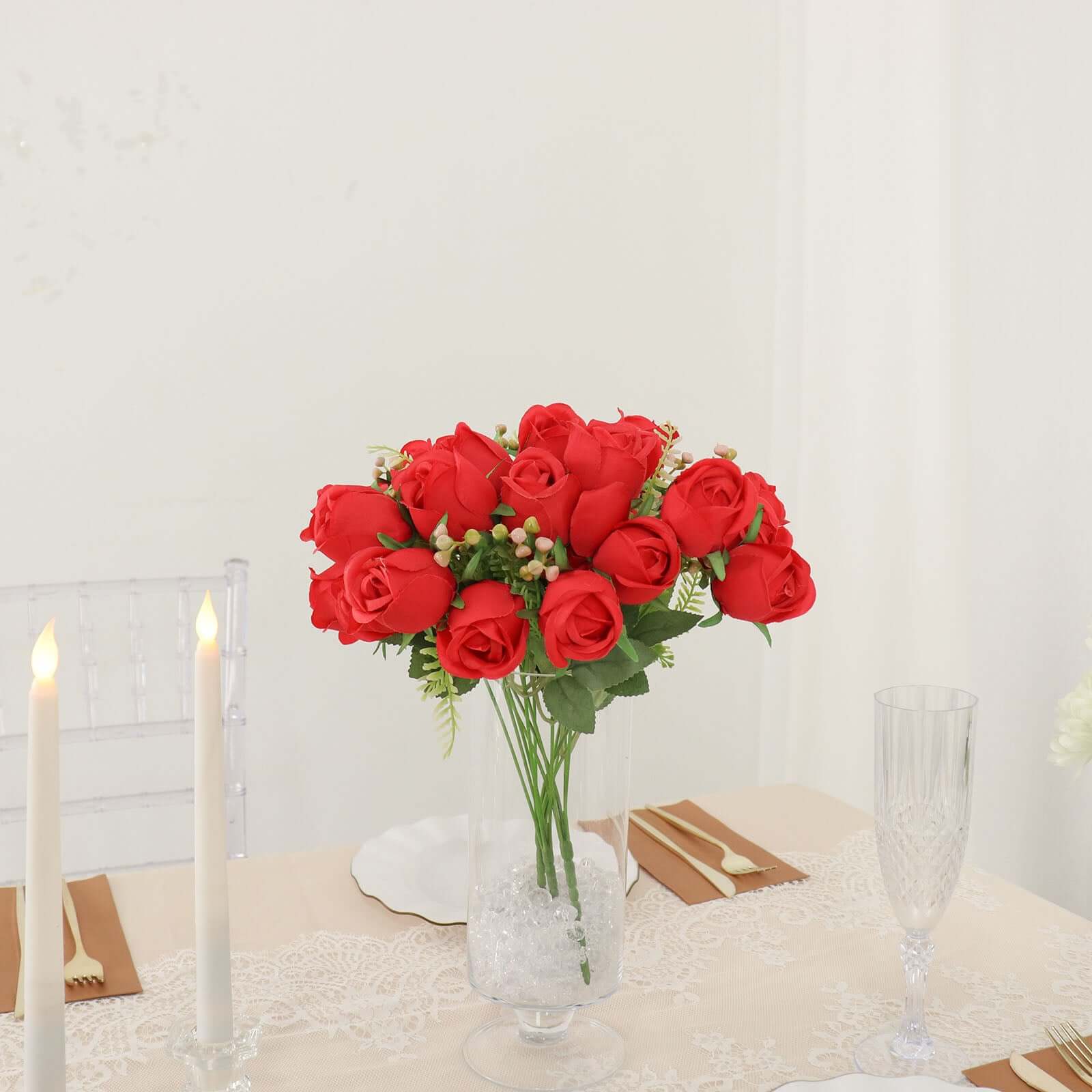 3 Pack 13" Red Real Touch Silk Rose Bud Flower Bridal Bouquets, Artificial Floral Bush Arrangements
