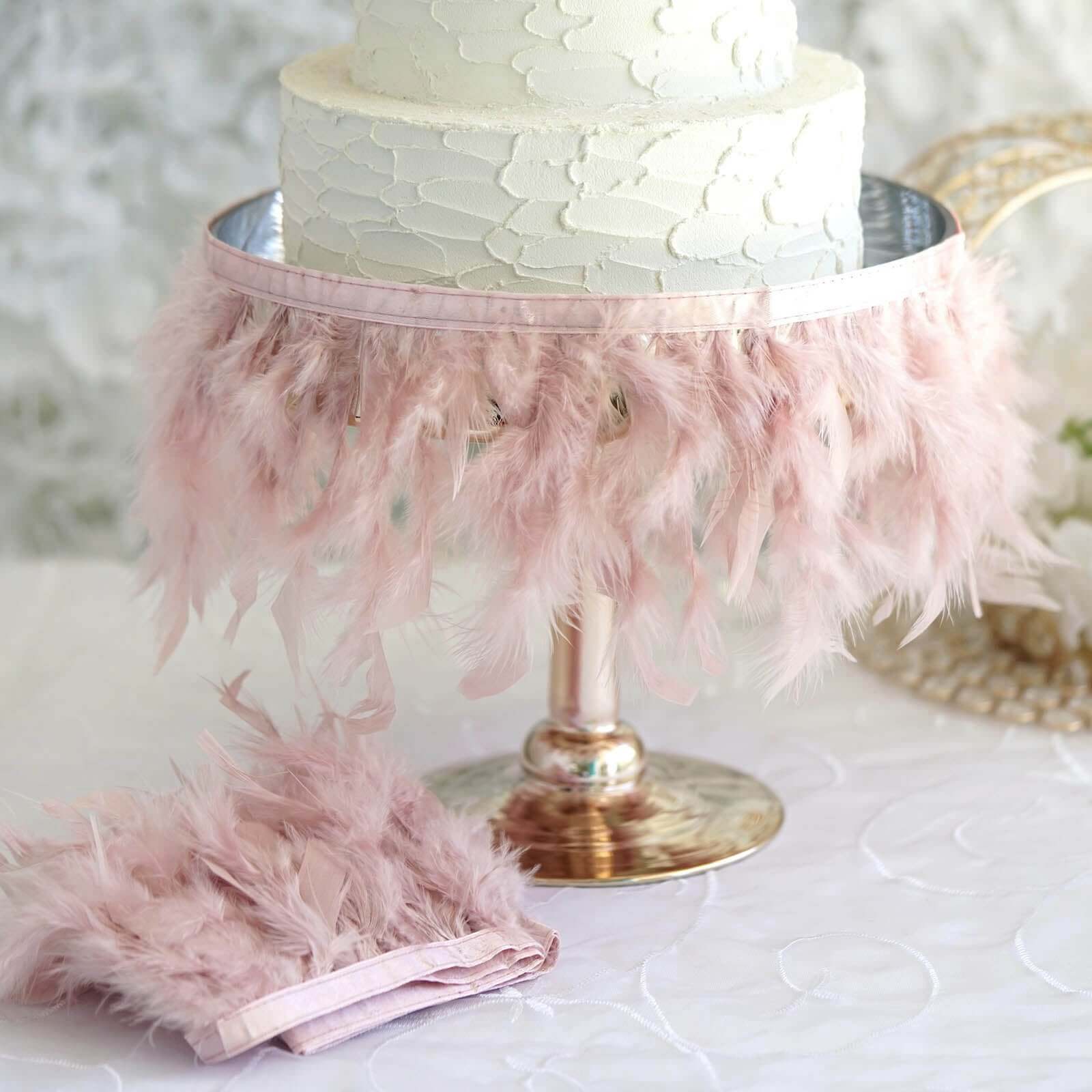 39" Dusty Rose Real Turkey Feather Fringe Trim With Satin Ribbon Tape