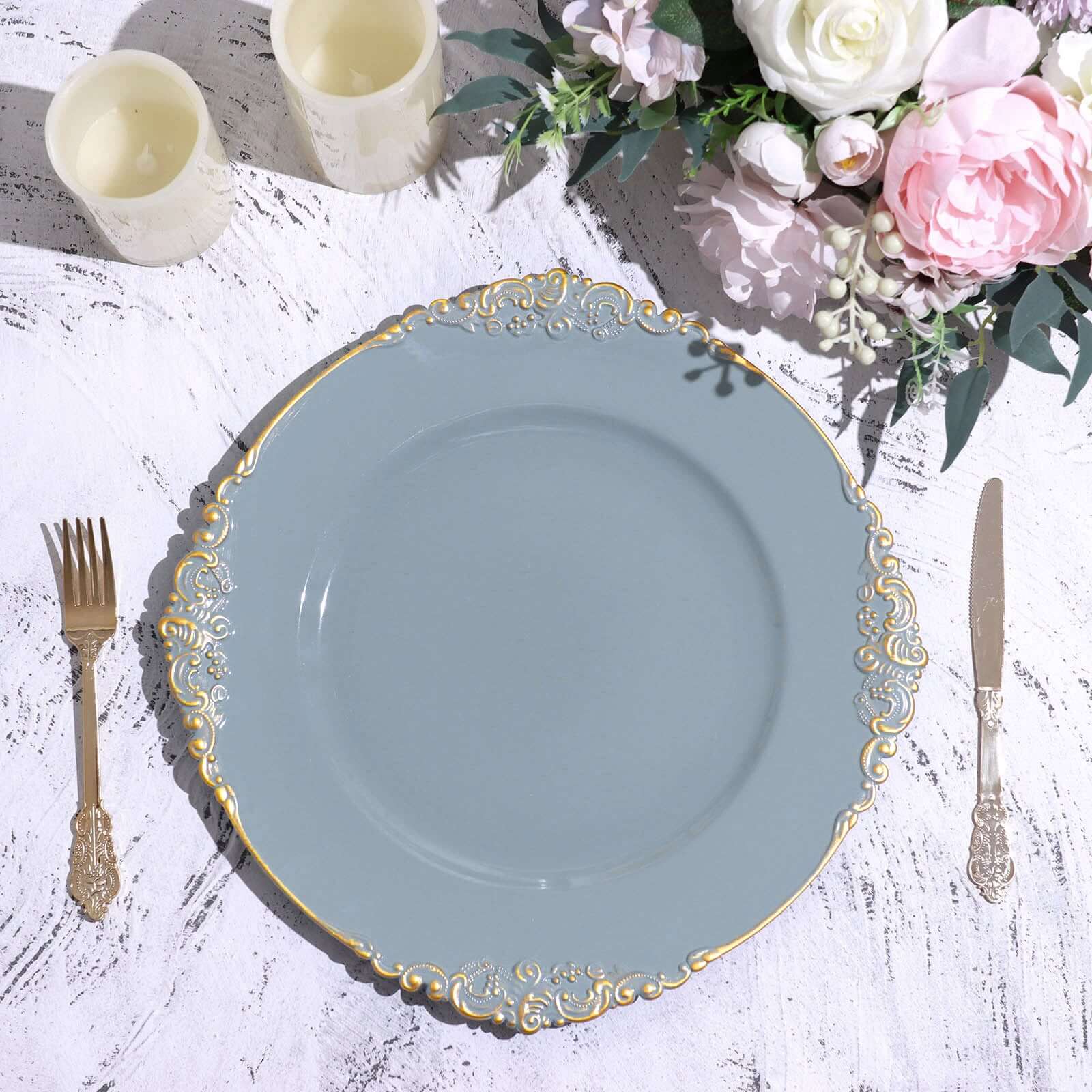 6-Pack Acrylic Round Charger Plates 13" in Dusty Blue with Gold Embossed Baroque Rim, Antique Decorative Dinner Party Charger Tableware