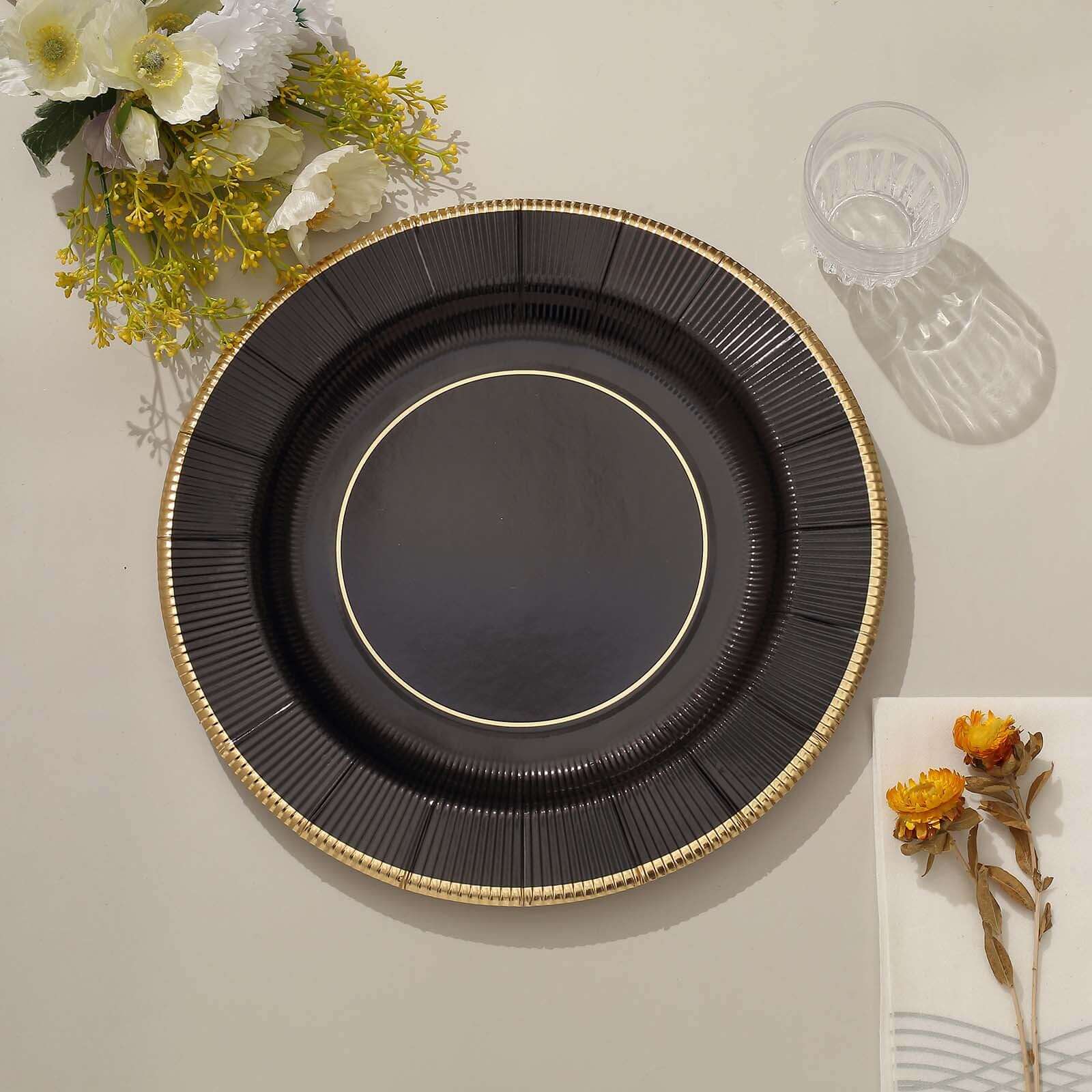 25-Pack Disposable Round Charger Plates in Black Sunray Design with Gold Rim - 350GSM Heavy Duty Paper Chargers 13"