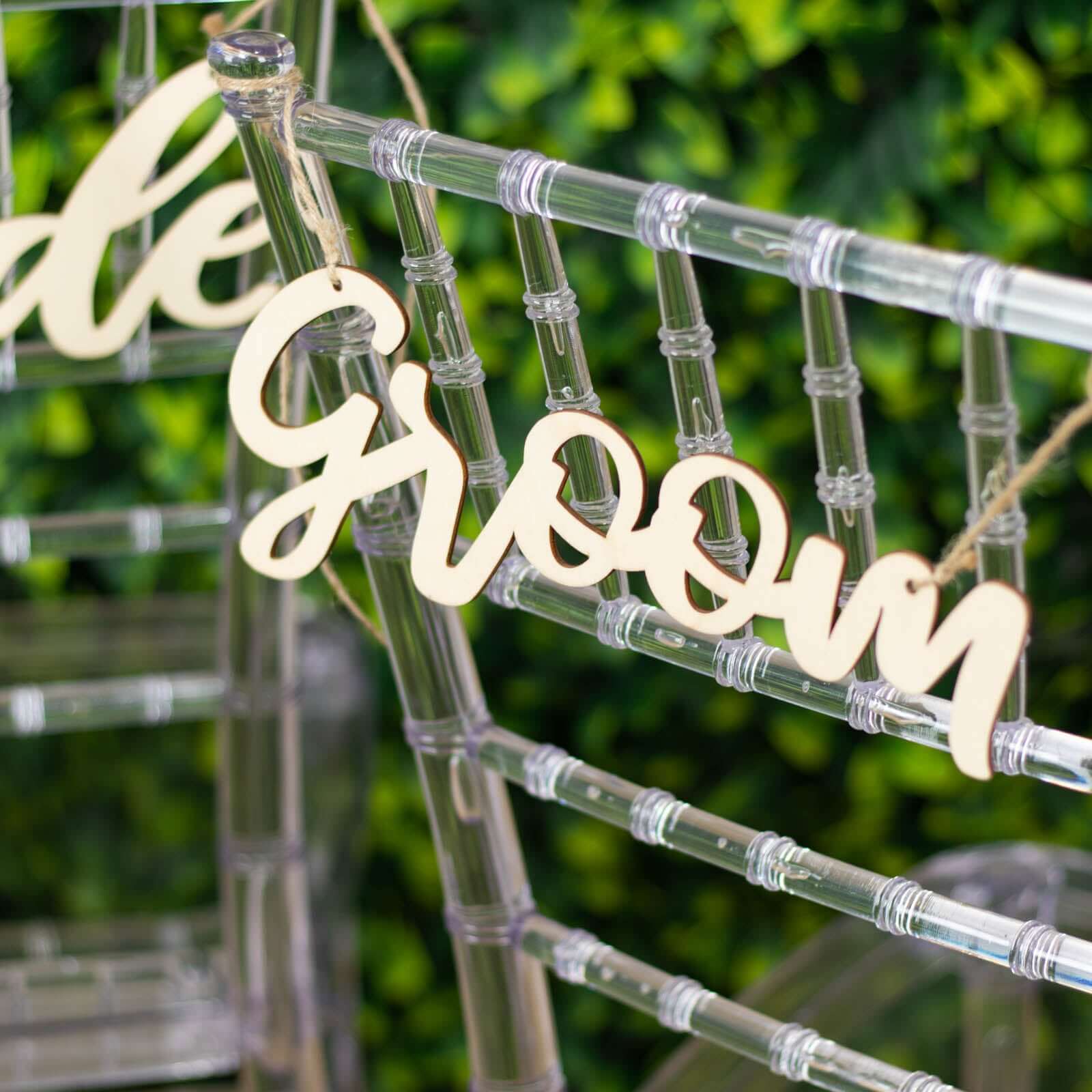 Set of 2 Bride and Groom Chair Signs Natural Wood - Charming Calligraphy Wall Hanging Wedding Decor & Props 12"x5"