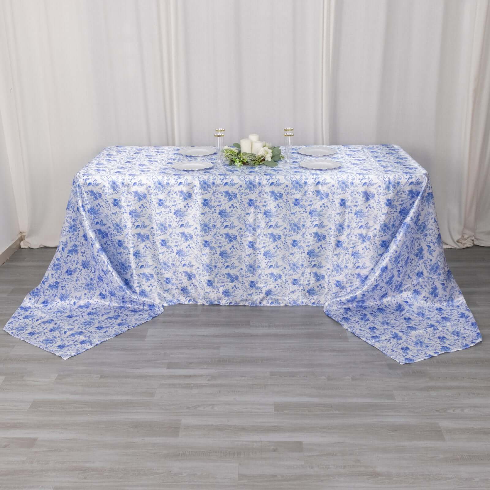 Satin Round 90"x156" Tablecloth White/Blue French Toile Design - Seamless Stylish & Wrinkle-Resistant Table Cover