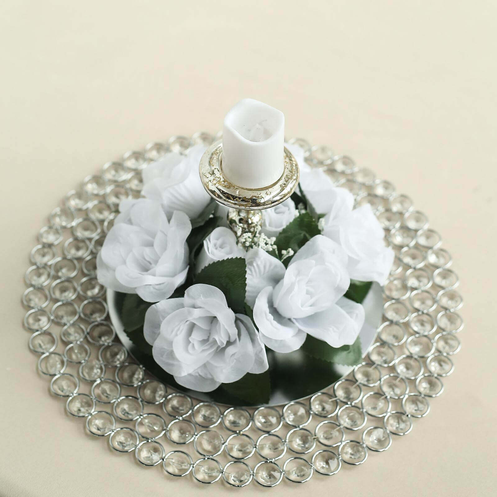 4 Pack 3" White Artificial Silk Rose Flower Candle Ring Wreaths