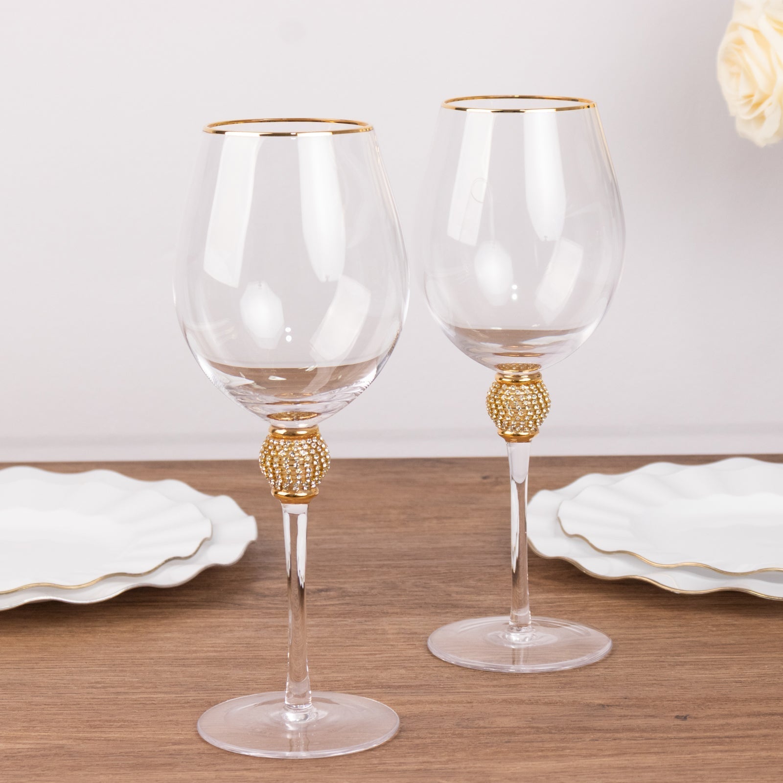 Set of 6 Wine Goblet Glasses Clear Gold Rimmed Design with Rhinestone Studded Stem - Handblown Vintage Crystal Glasses for Cocktails 16oz 10"