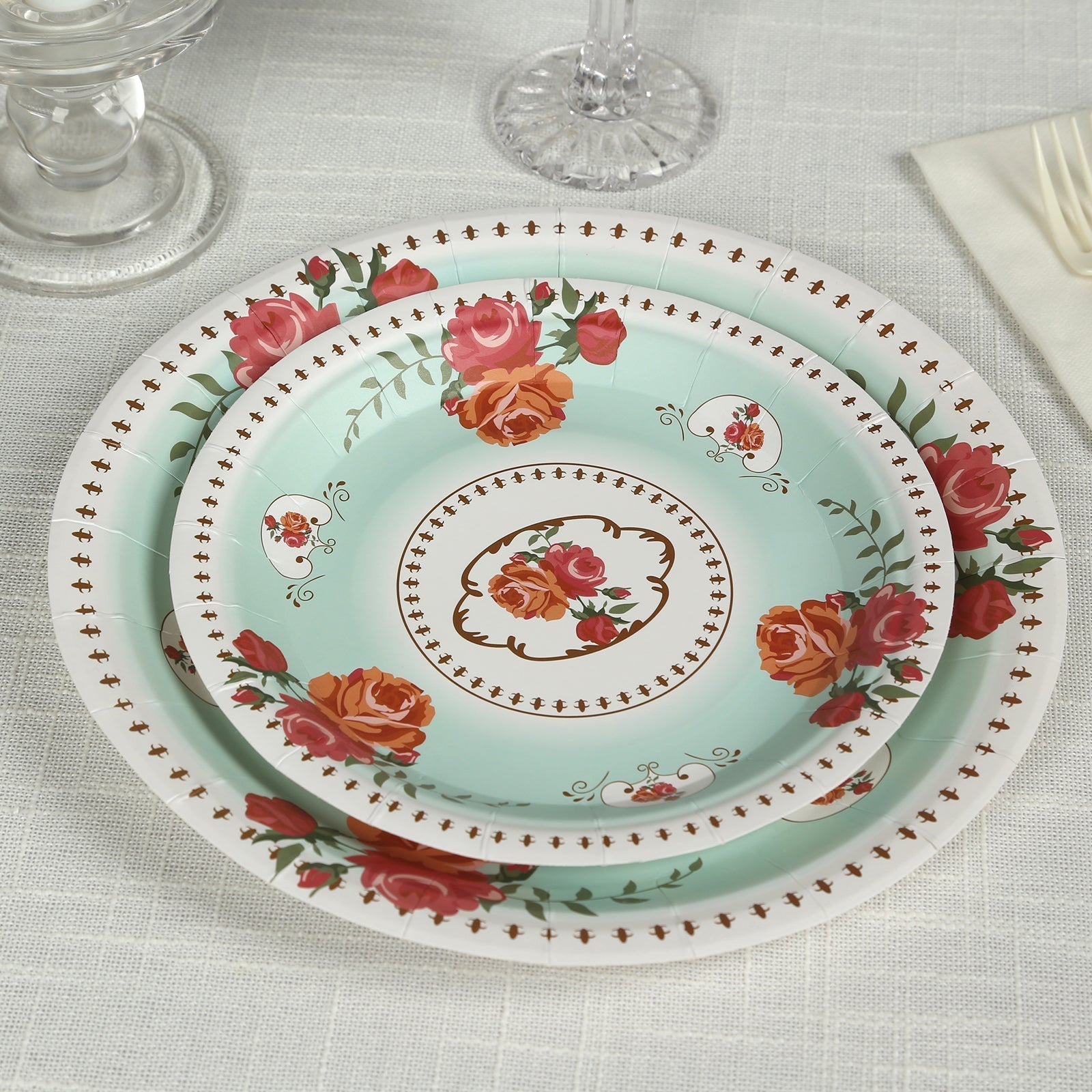 25-Pack Paper 7" Round Dessert Plates in Turquoise with Vintage Rose Flower Print - Disposable Appetizer Salad Plates