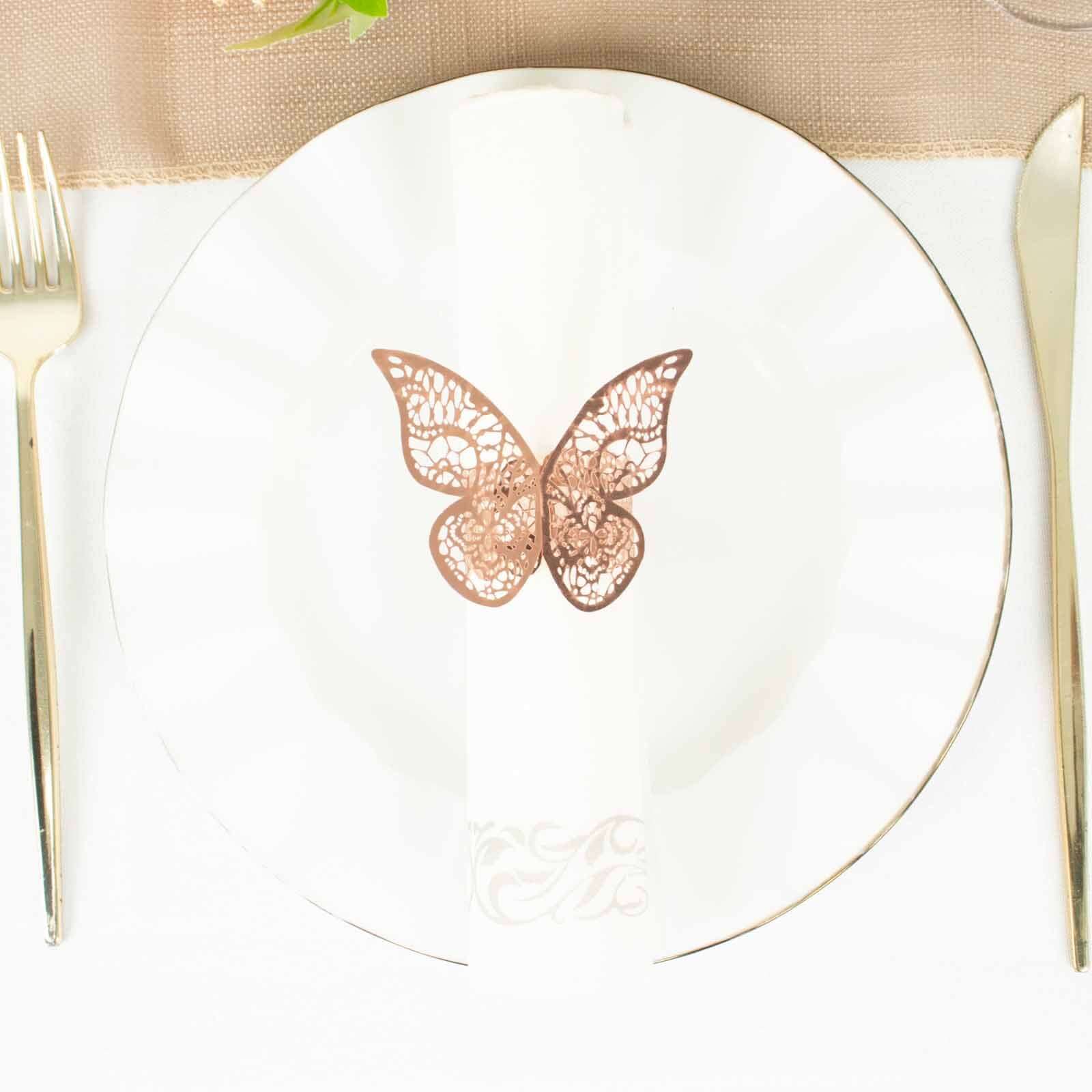 12-Pack Paper Napkin Rings Laser Cut Butterfly Metallic Rose Gold - Decorative Serviette Holders