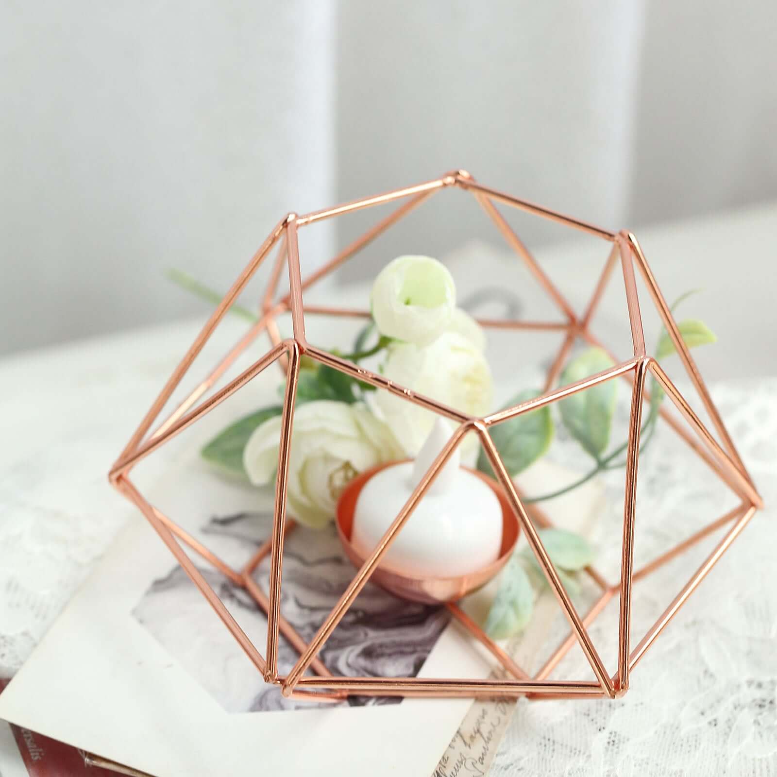 Set of 2 Candle Holders Metal Hexagon Geometric Design Rose Gold - Modern Decorative Centerpieces for Tables 4"x3"
