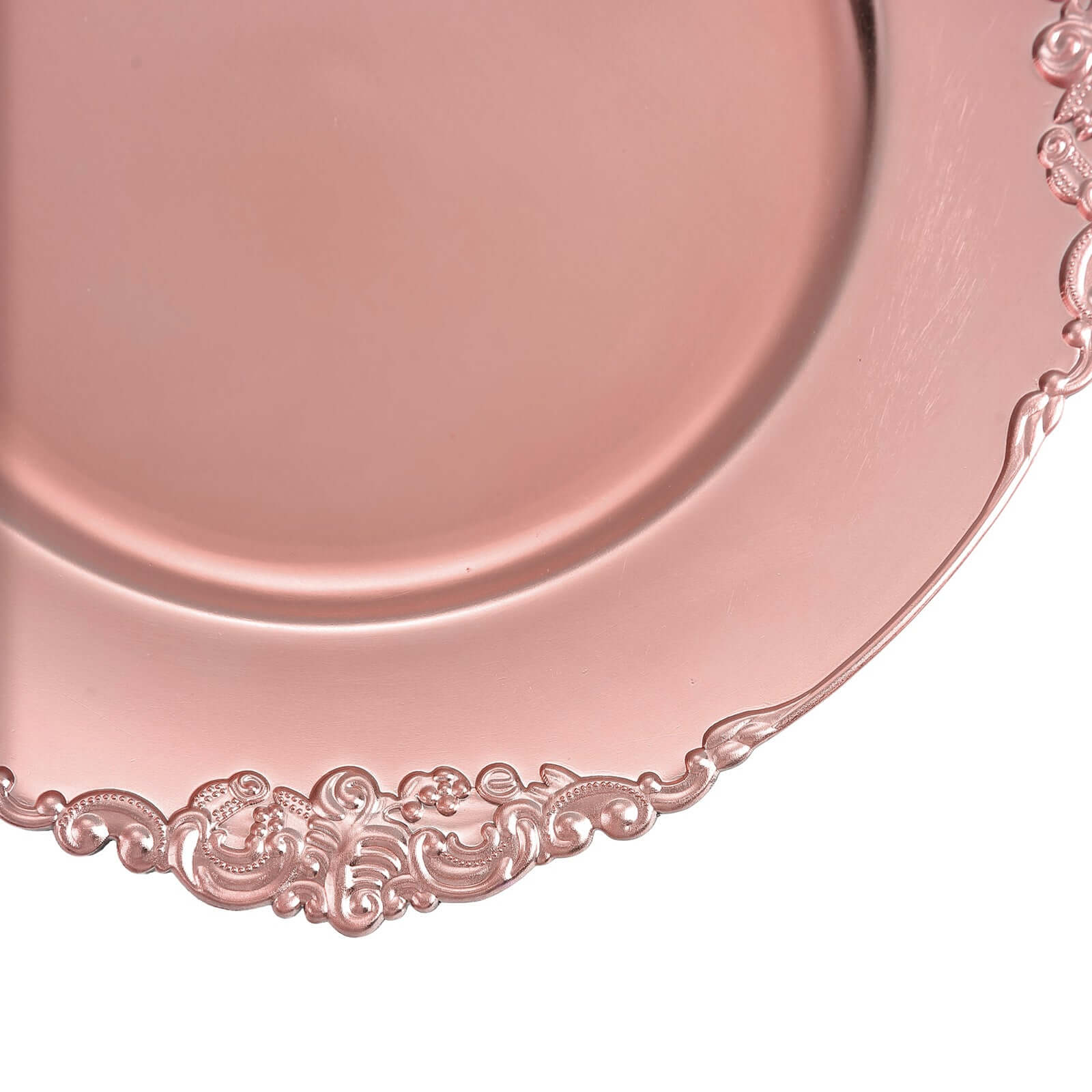 6-Pack Acrylic Round Charger Plates 13" in Rose Gold with Embossed Baroque Rim, Antique Decorative Dinner Party Charger Tableware