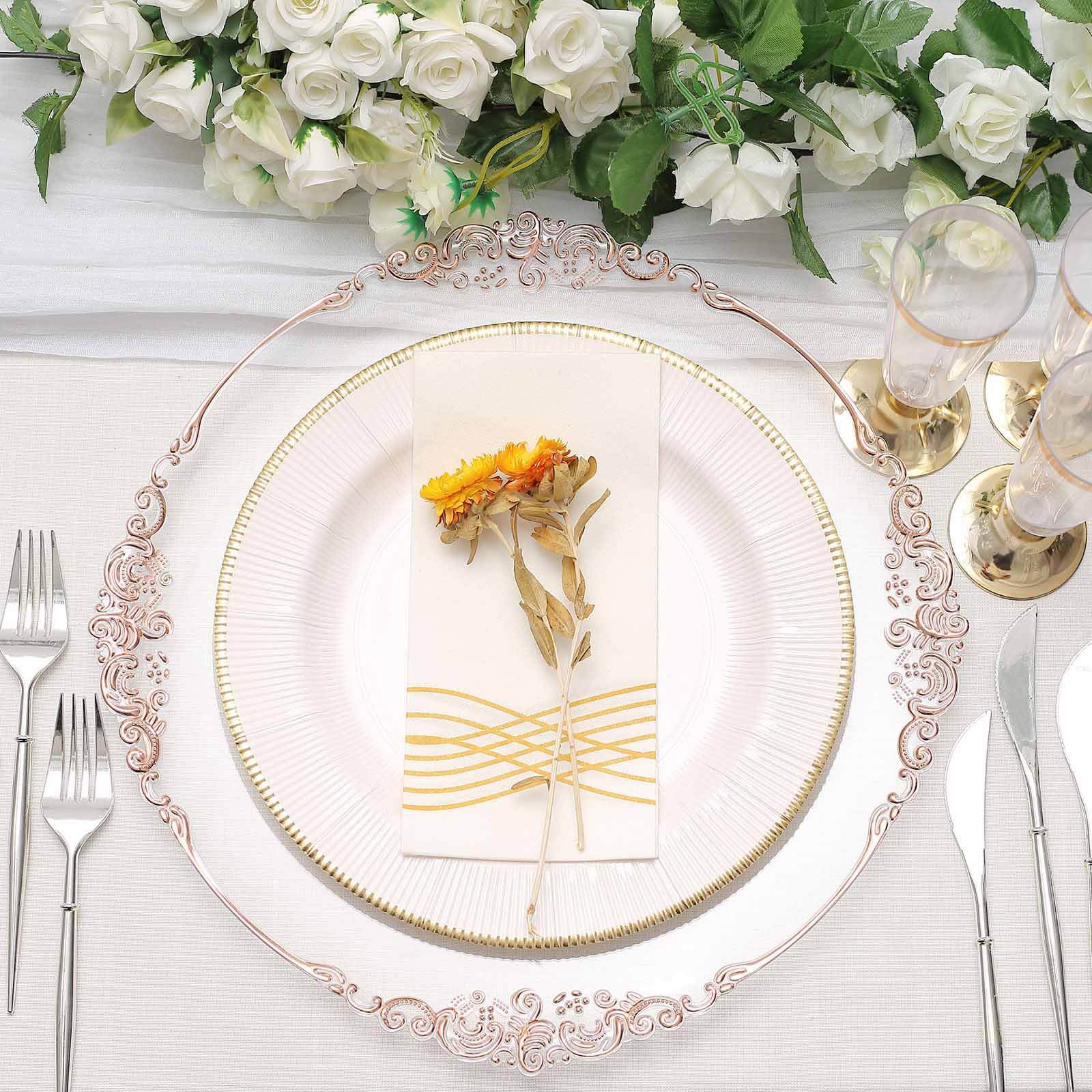 6-Pack Acrylic Round Charger Plates 13" in Clear with Rose Gold Embossed Baroque Rim, Antique Decorative Dinner Party Charger Tableware