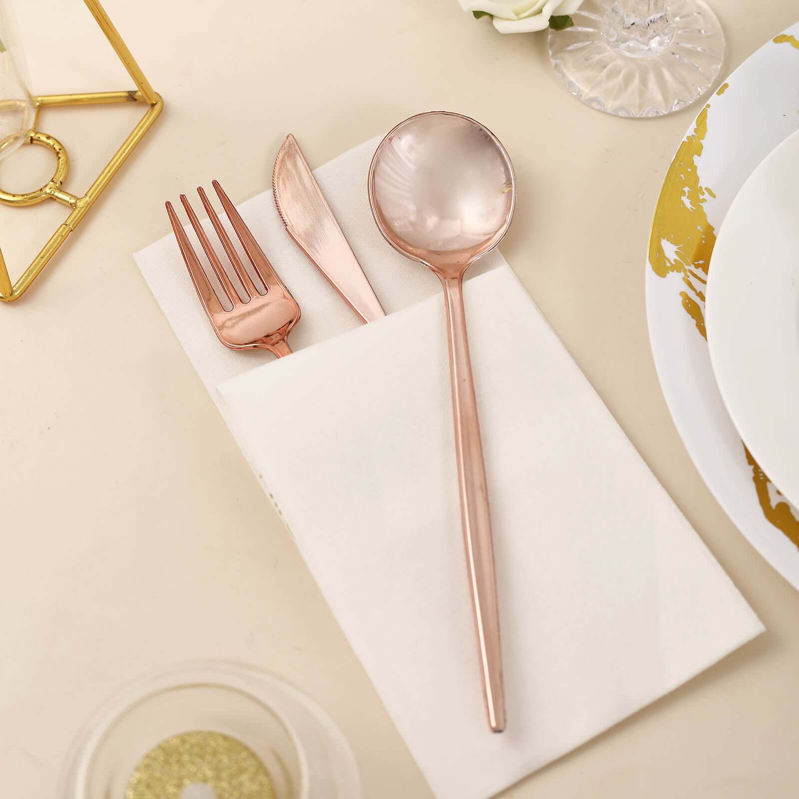 24-Pack Plastic Flatware Set with Sleek Modern Design Rose Gold - Premium Disposable Silverware 8"