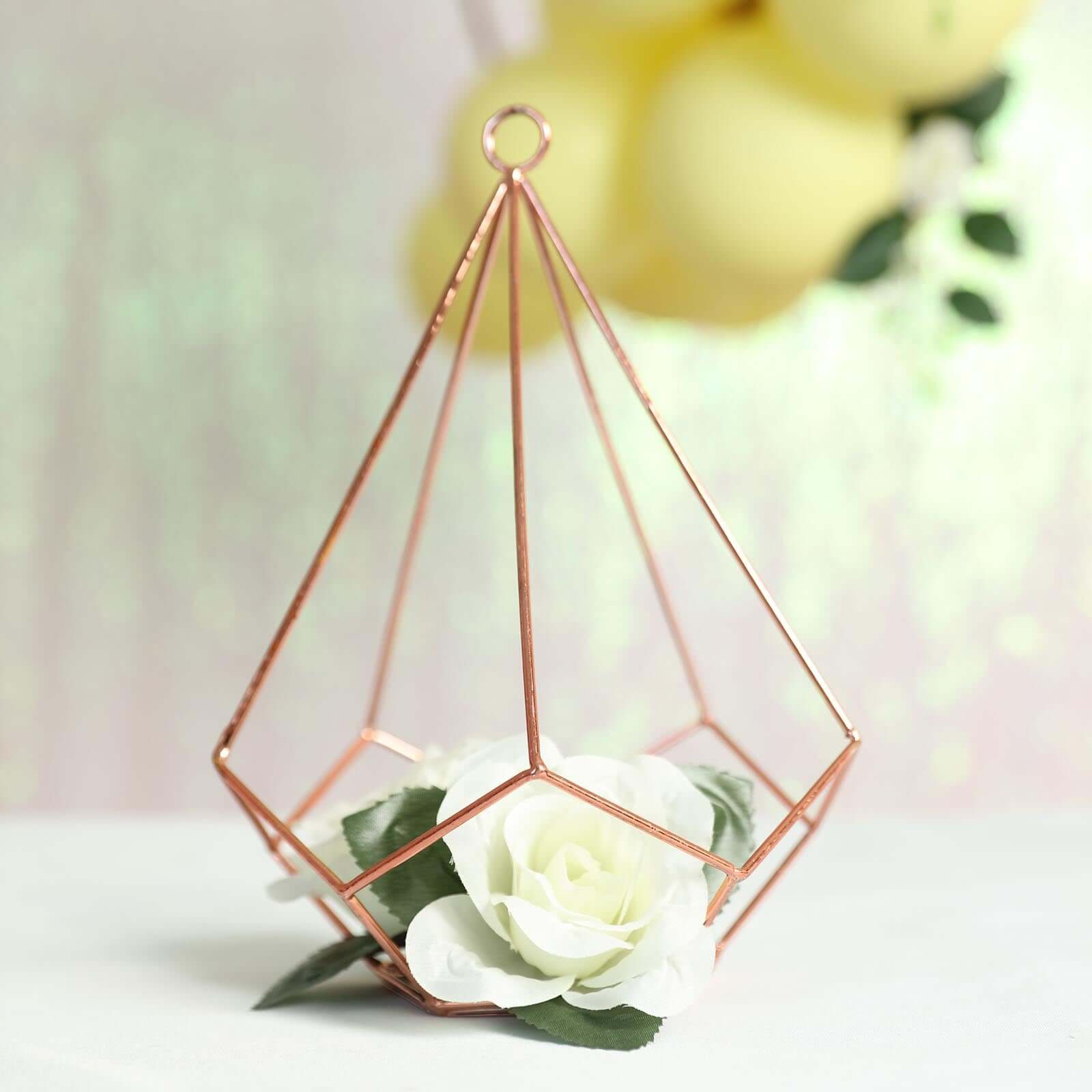 2-Pack Tealight Candle Holders Rose Gold Metal Pentagon Geometric Open Frame - Flower Stand 9"