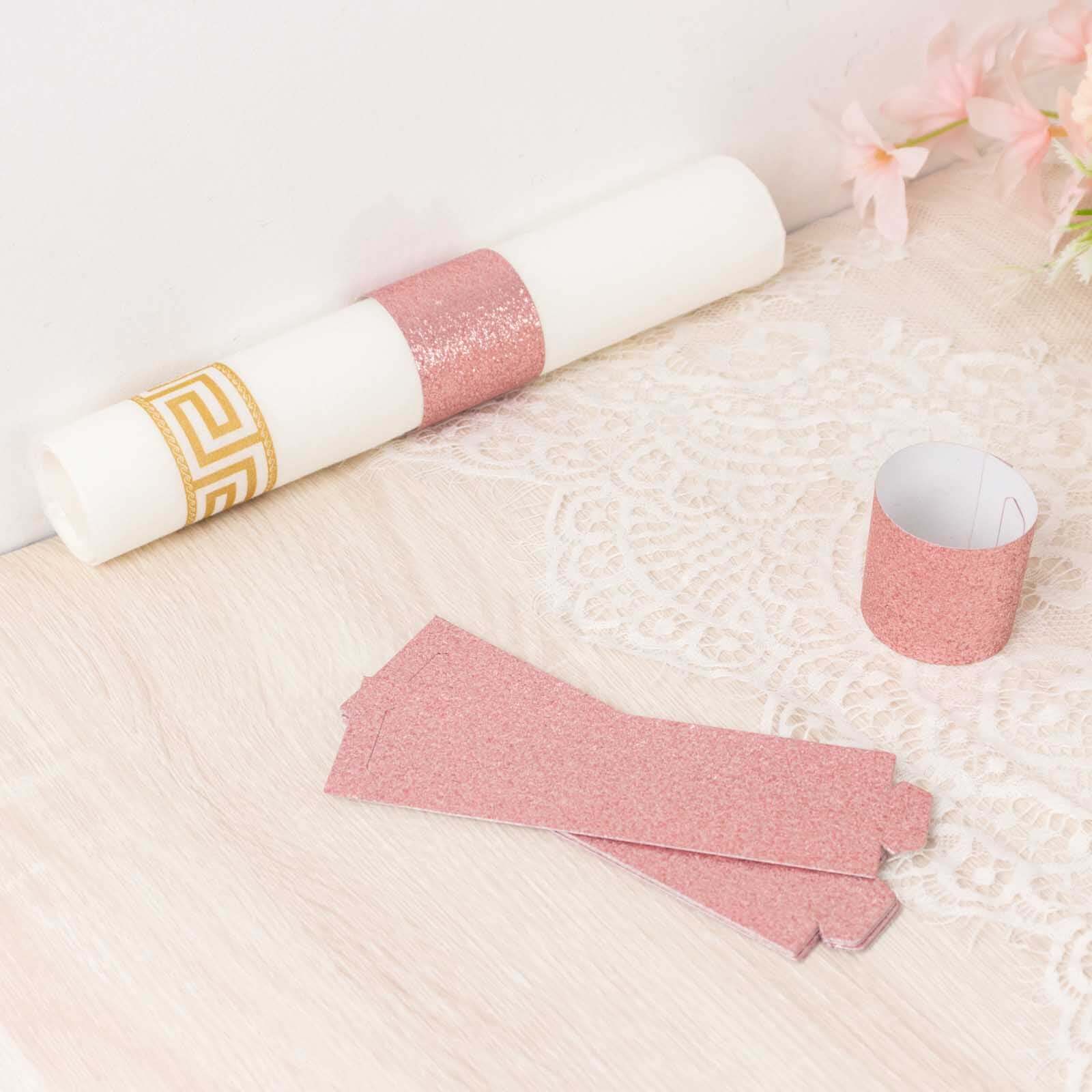 50-Pack Paper Napkin Rings Rose Gold Glitter - Stylish Disposable Napkin Holders 1.5"