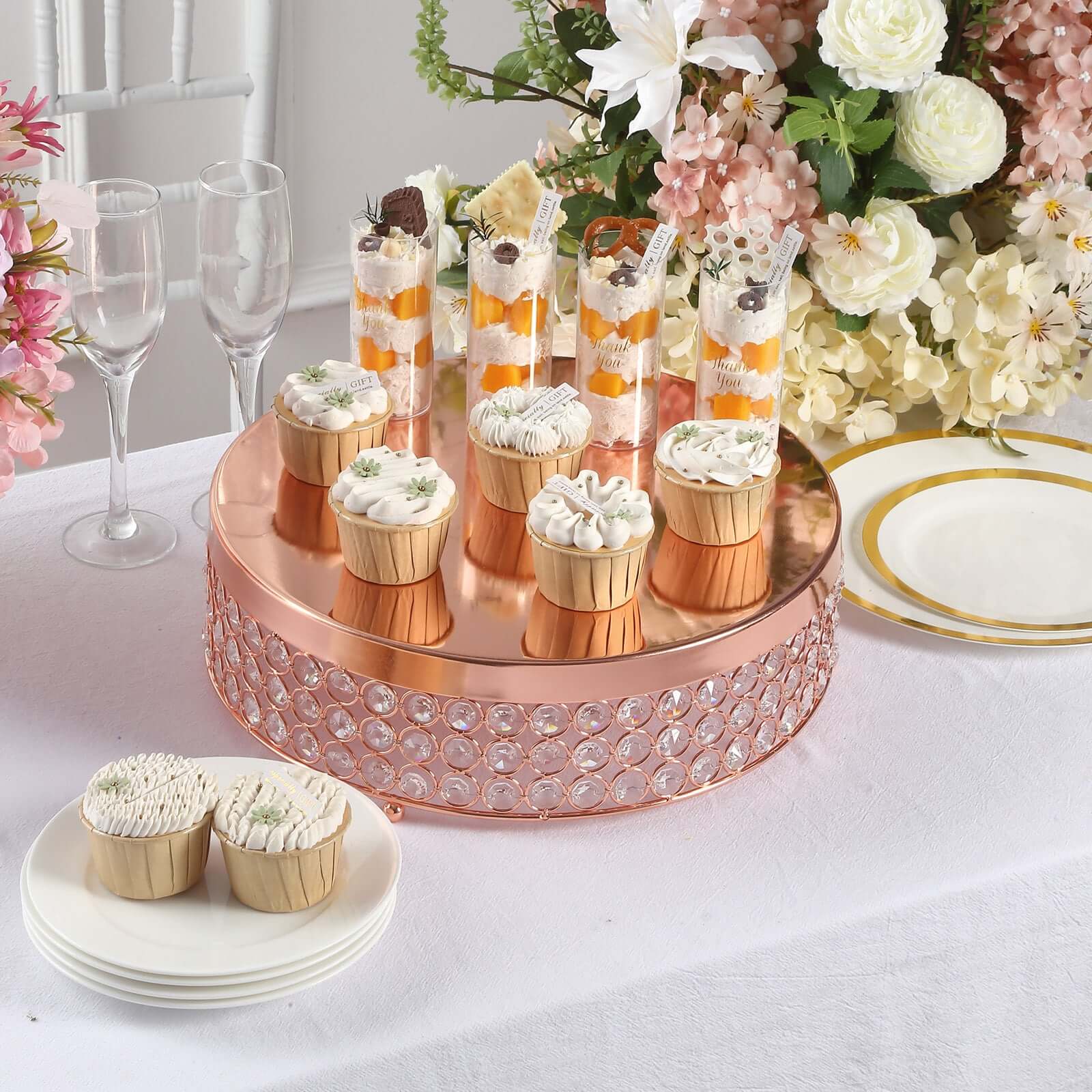 Metal Cake Stand Pedestal Crystal Beaded Design Rose Gold - Cupcake Display and Dessert Riser 13"