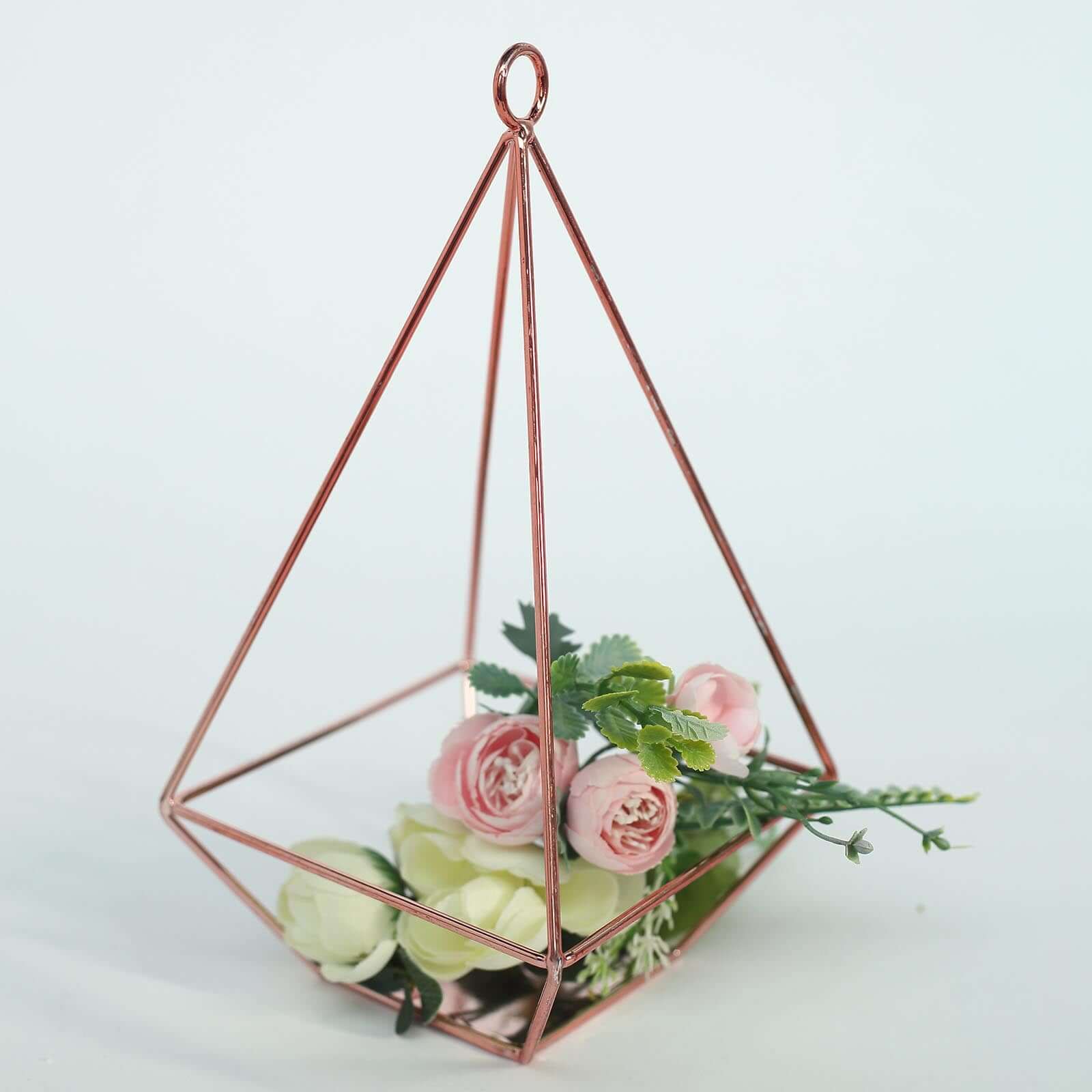 2-Pack Tealight Candle Holders Rose Gold Metal Pyramid Geometric Open Frame - Flower Stand 9"