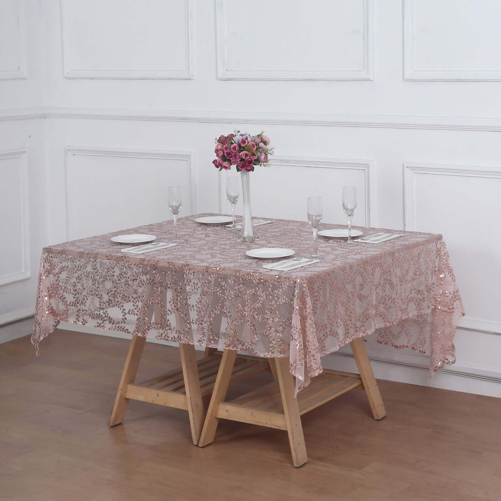 Tulle 72"x72" Table Overlay Square Tablecloth Rose Gold - Sequin Leaf Embroidered Table Topper