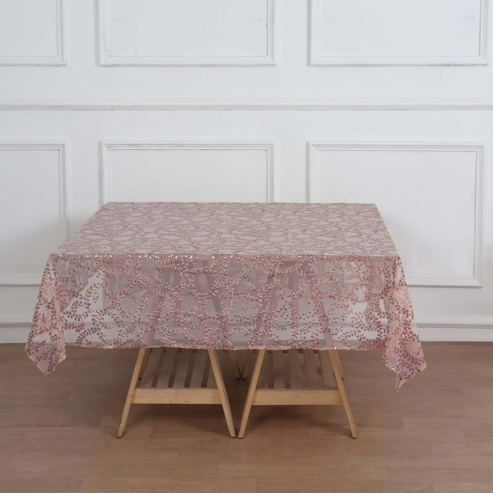 Tulle 72"x72" Table Overlay Square Tablecloth Rose Gold - Sequin Leaf Embroidered Table Topper