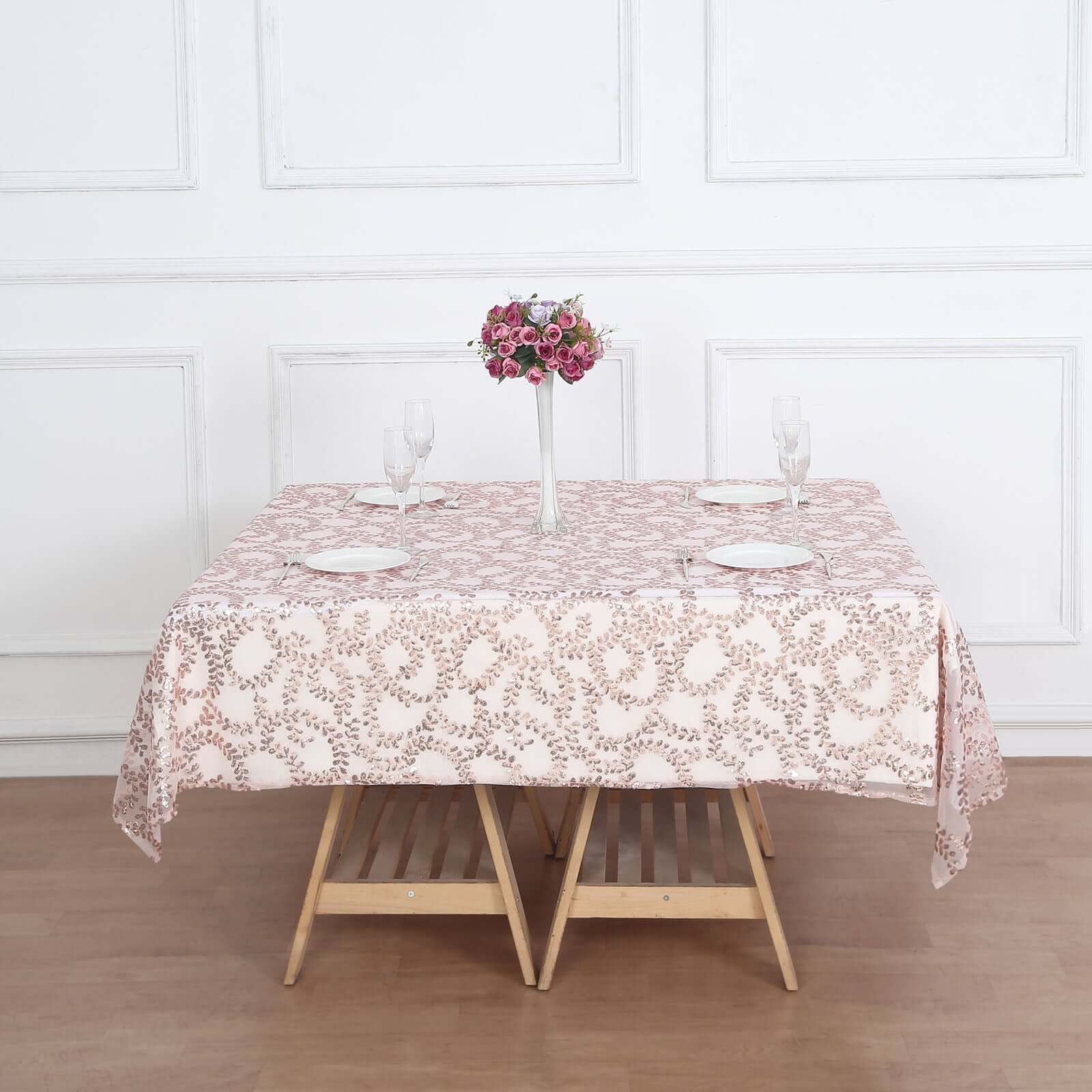 Tulle 72"x72" Table Overlay Square Tablecloth Rose Gold - Sequin Leaf Embroidered Table Topper