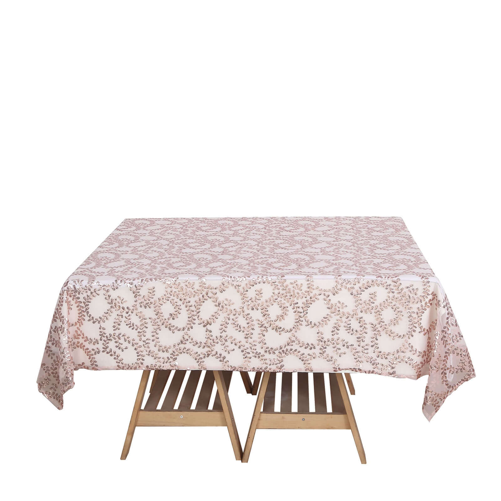 Tulle 72"x72" Table Overlay Square Tablecloth Rose Gold - Sequin Leaf Embroidered Table Topper