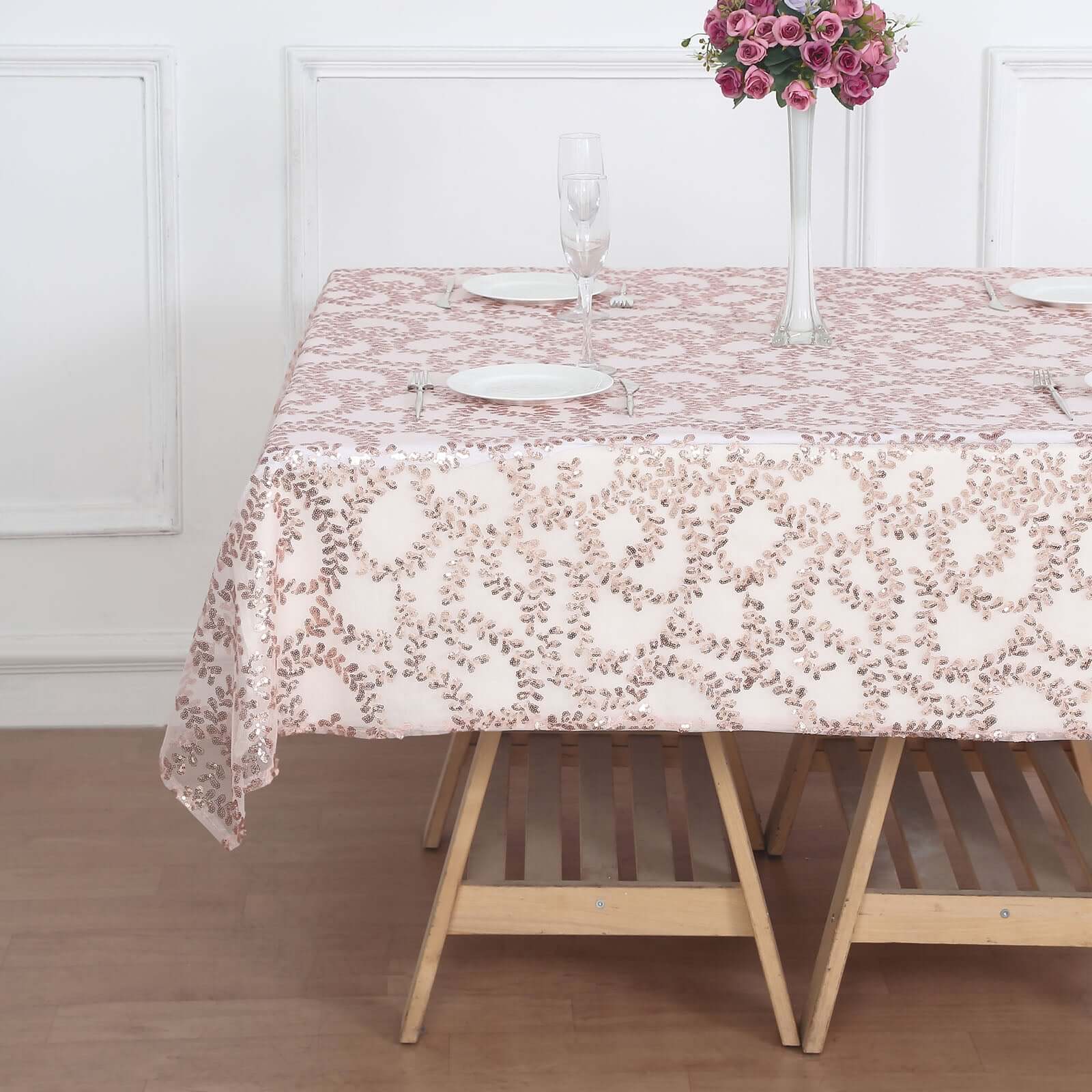 Tulle 72"x72" Table Overlay Square Tablecloth Rose Gold - Sequin Leaf Embroidered Table Topper
