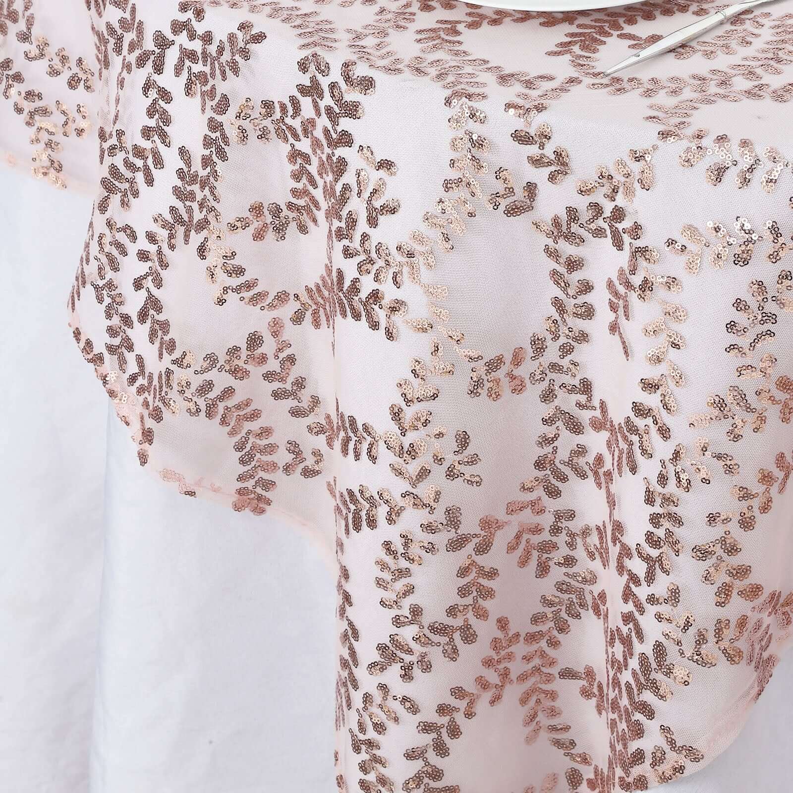 Tulle 72"x72" Table Overlay Square Tablecloth Rose Gold - Sequin Leaf Embroidered Table Topper