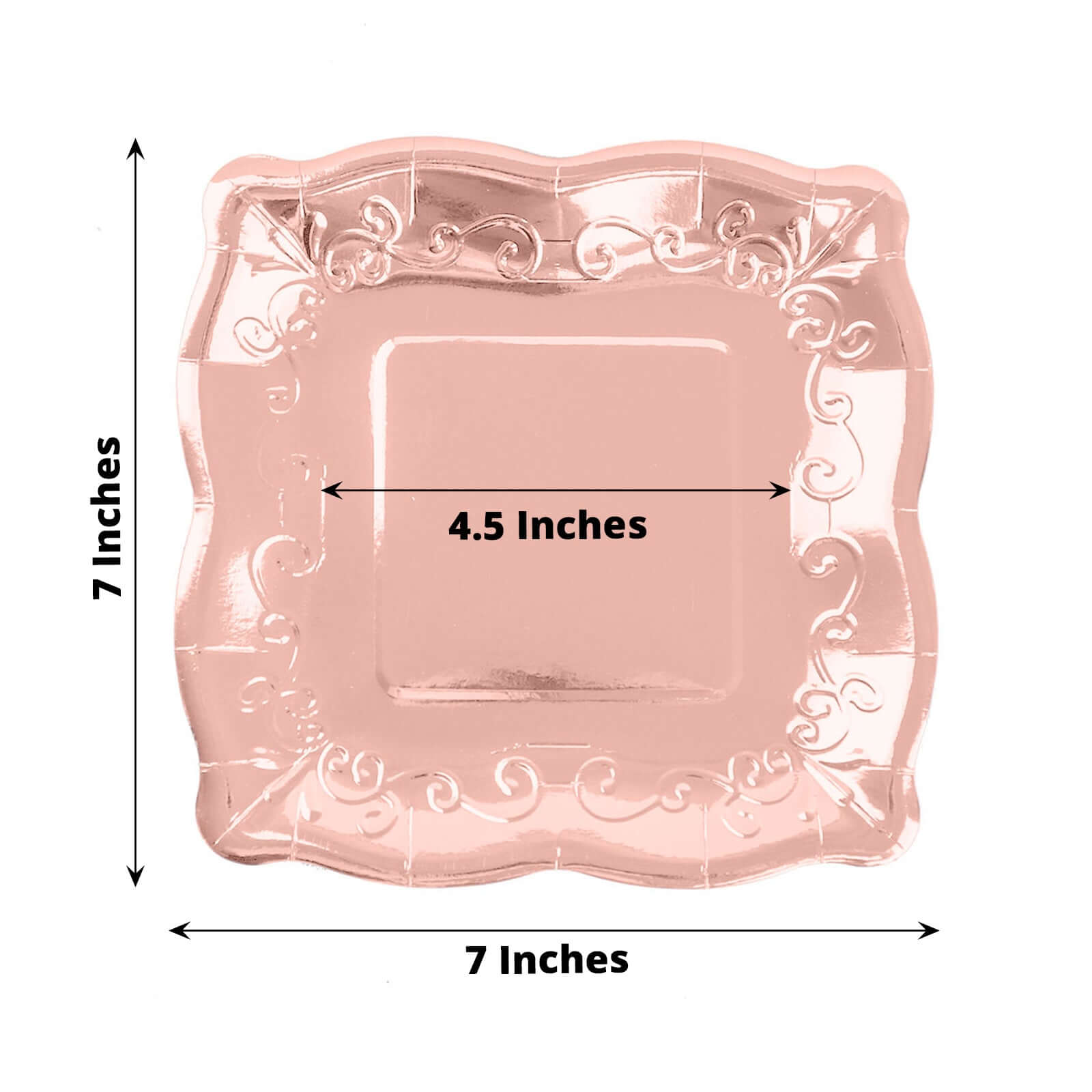 25-Pack Paper 7" Square Dessert Plates in Rose Gold with Vintage Pottery Embossed Design - Shiny Metallic Disposable Appetizer Plates