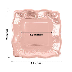 25-Pack Paper 7" Square Dessert Plates in Rose Gold with Vintage Pottery Embossed Design - Shiny Metallic Disposable Appetizer Plates
