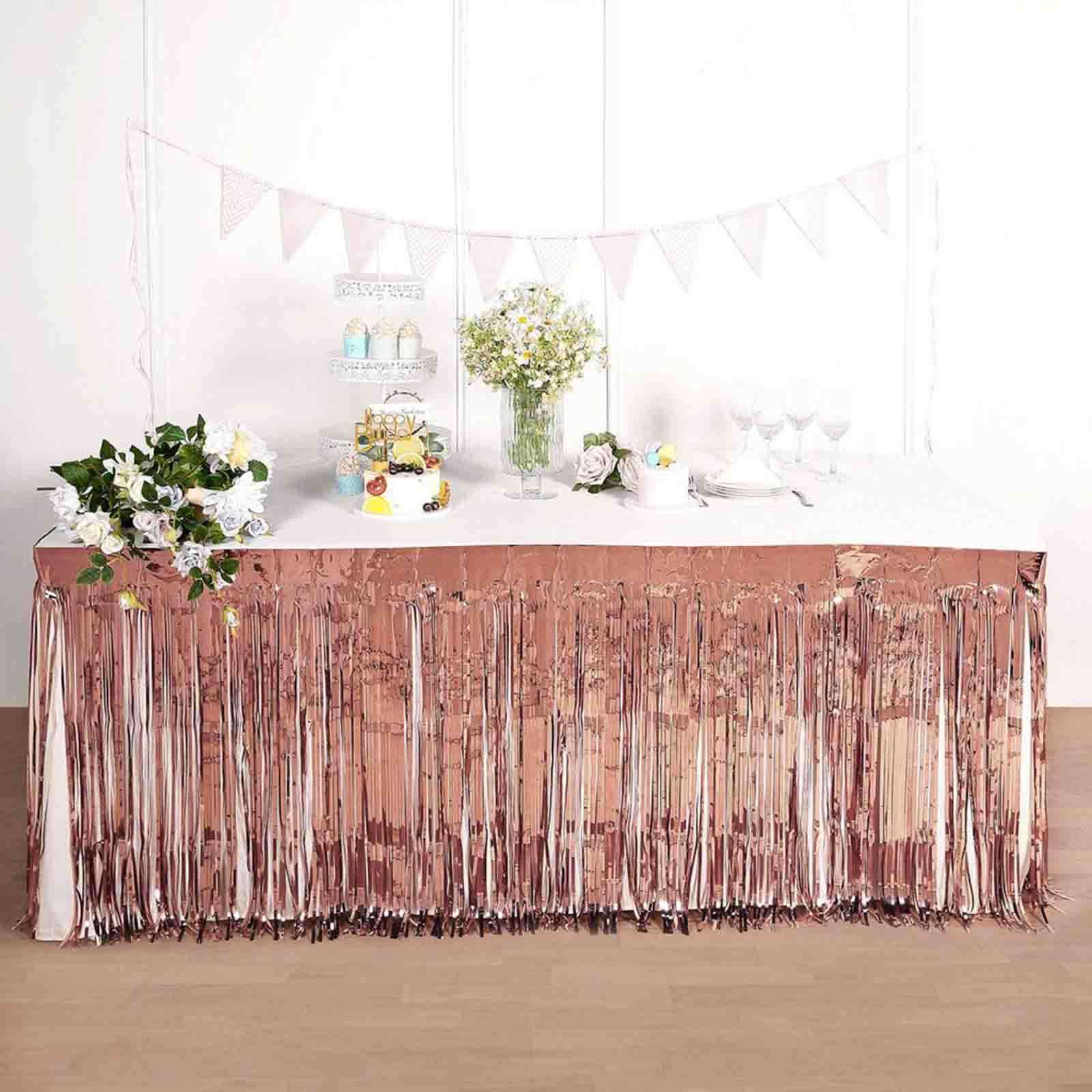 Metallic Foil Fringe Table Skirt Rose Gold with Self Adhesive Backing - Durable Tinsel Skirt for Parties 30"x9ft