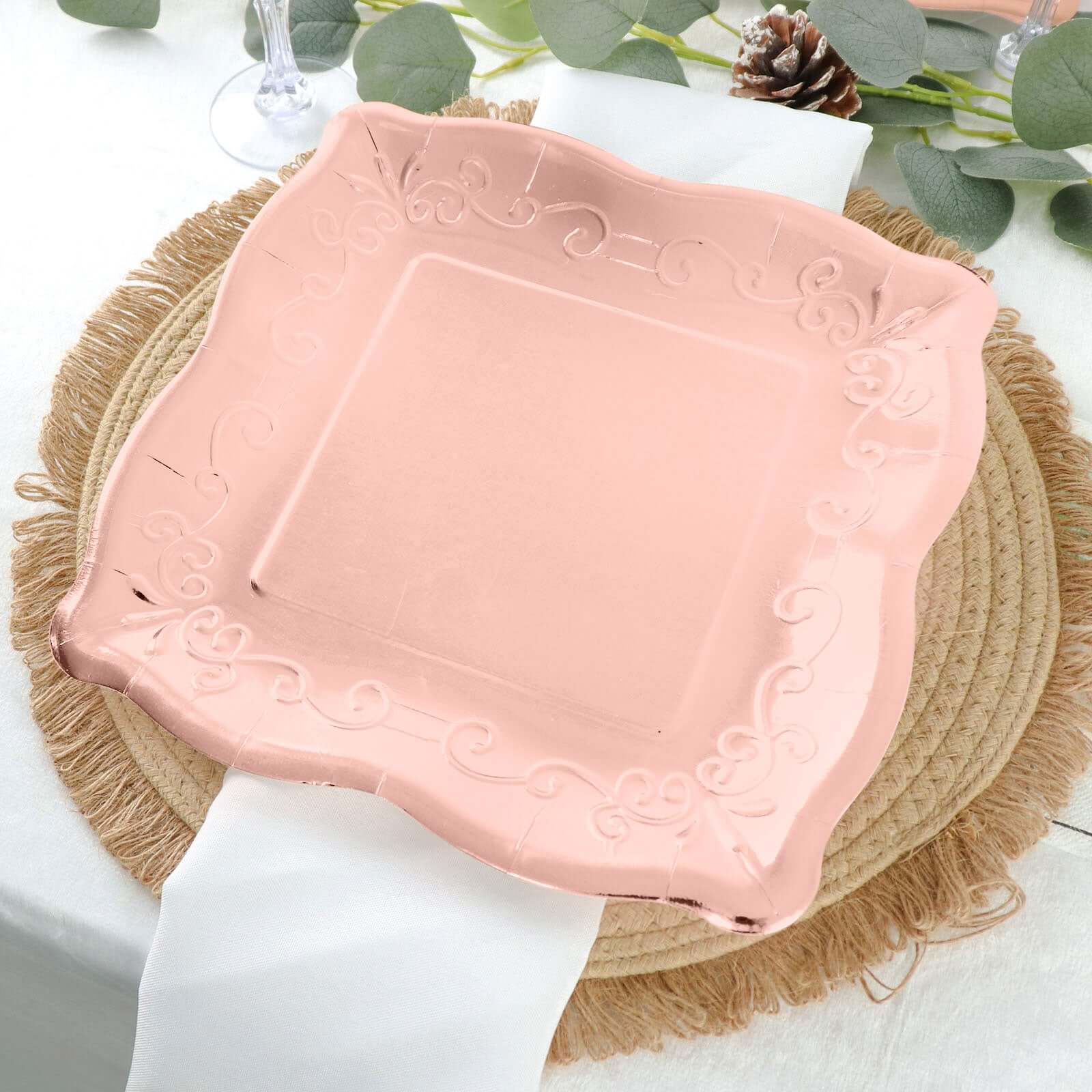 25-Pack Paper 11" Square Dinner Plates in Blush Rose Gold with Vintage Pottery Embossed Design - Shiny Metallic Disposable Serving Plates