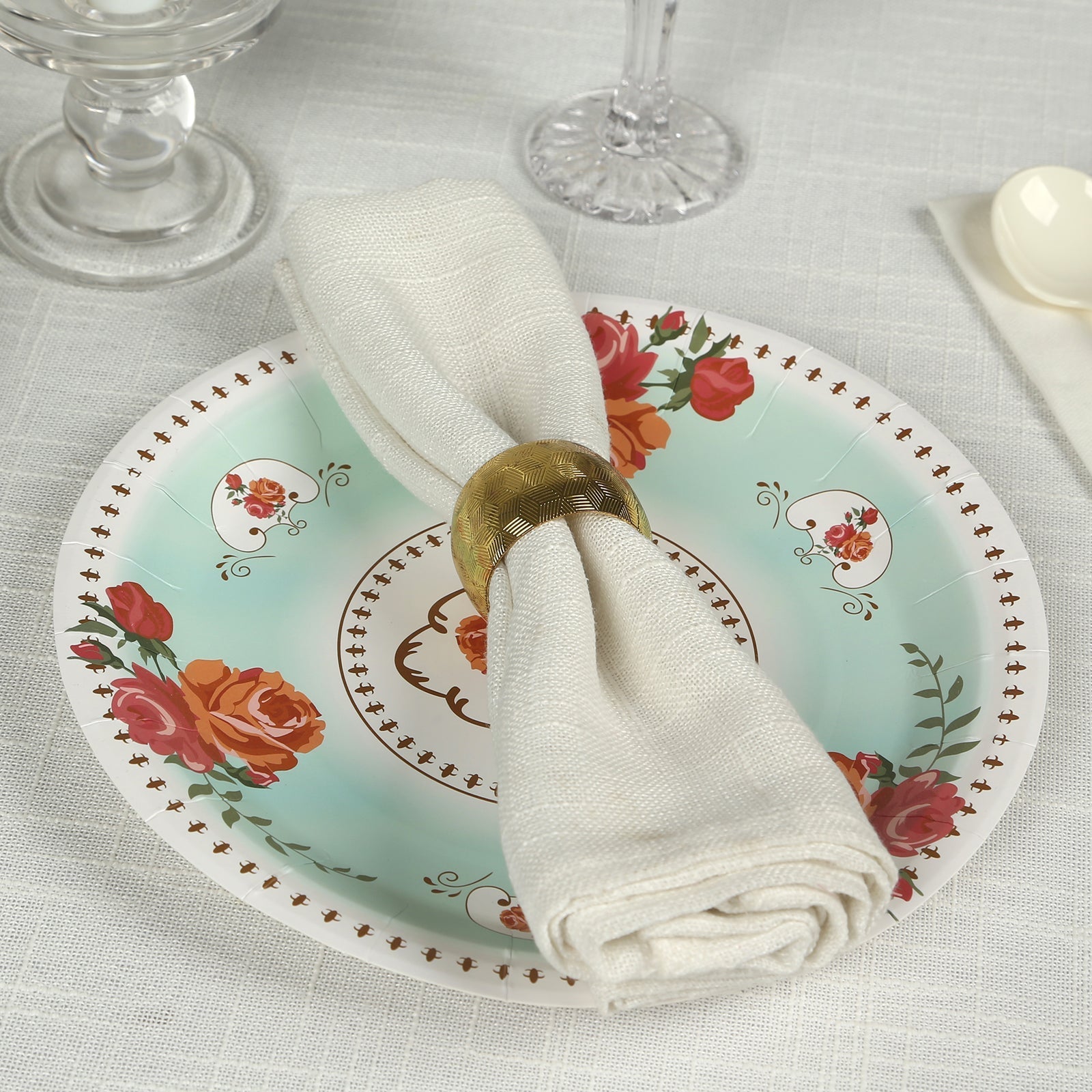 25-Pack Paper 9" Round Dinner Plates in Turquoise with Vintage Rose Flower Print - Disposable Plates for High Tea Gatherings & Romantic Celebrations