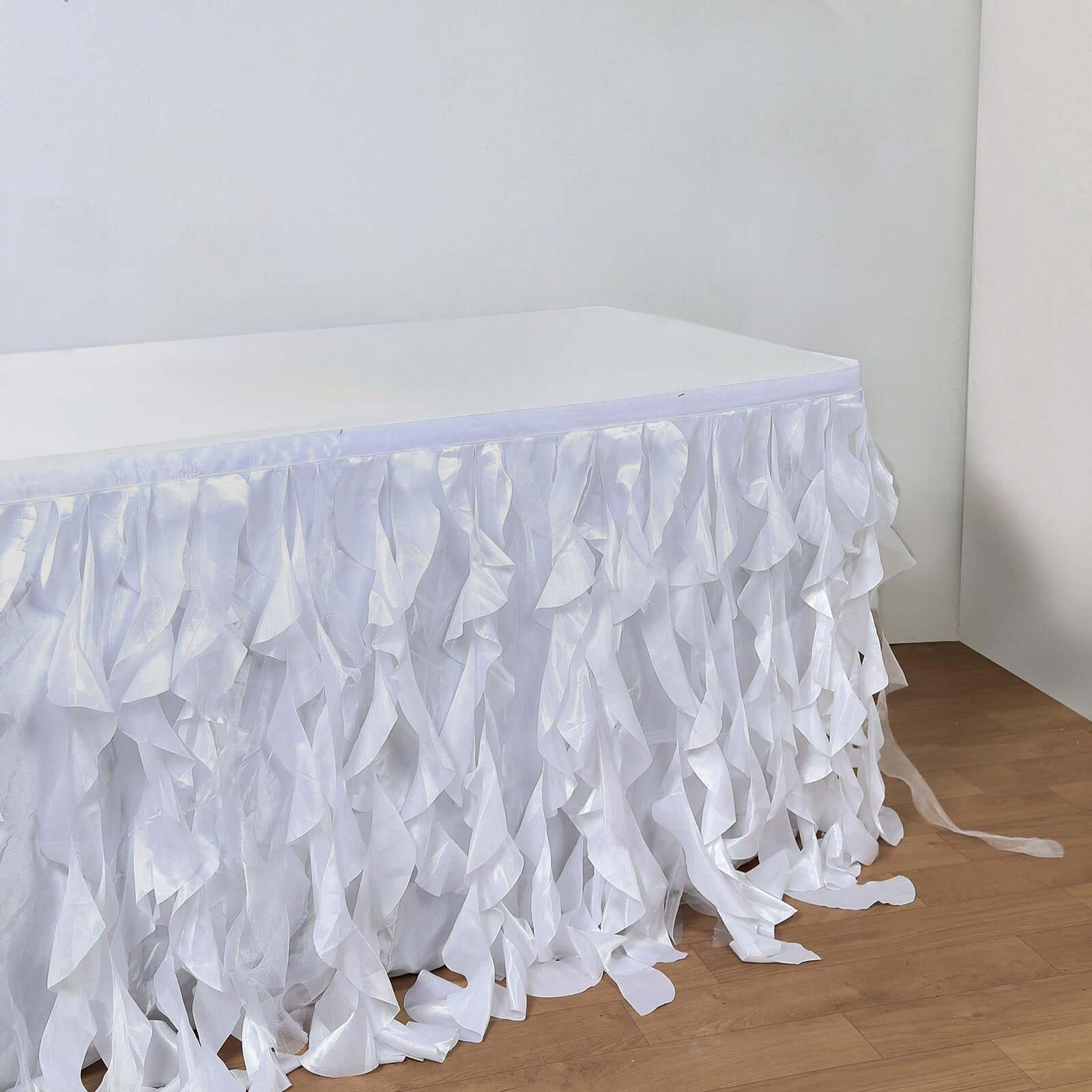Taffeta 21ft Table Skirt White Cascading Curly Willow Style for Weddings & Banquets