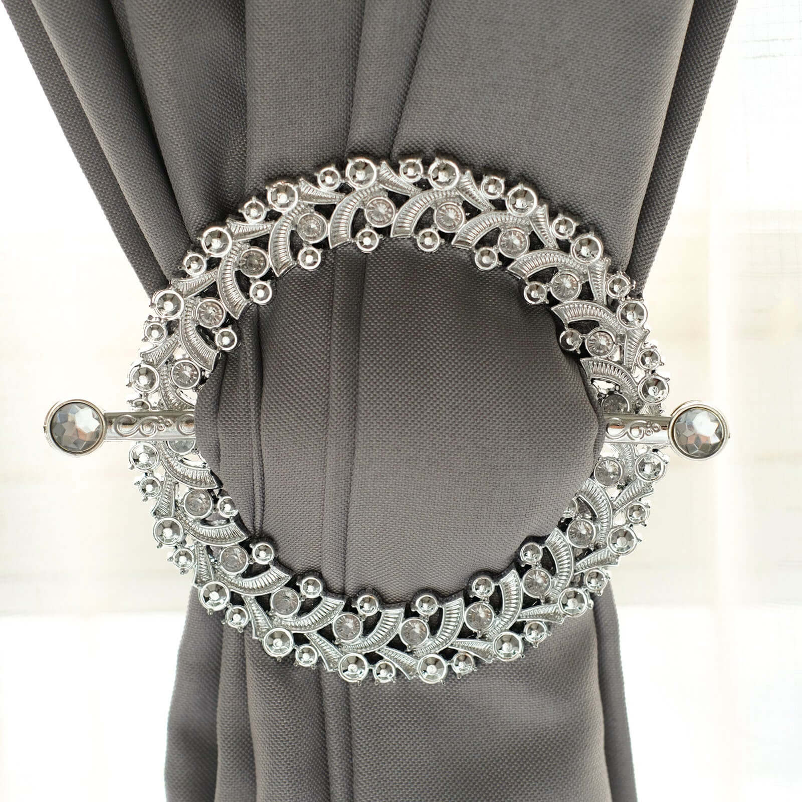 2 Pack 7" Silver Barrette Style Acrylic Crystal Curtain Tie Backs, Round Backdrop Drapery Brooch Holdbacks