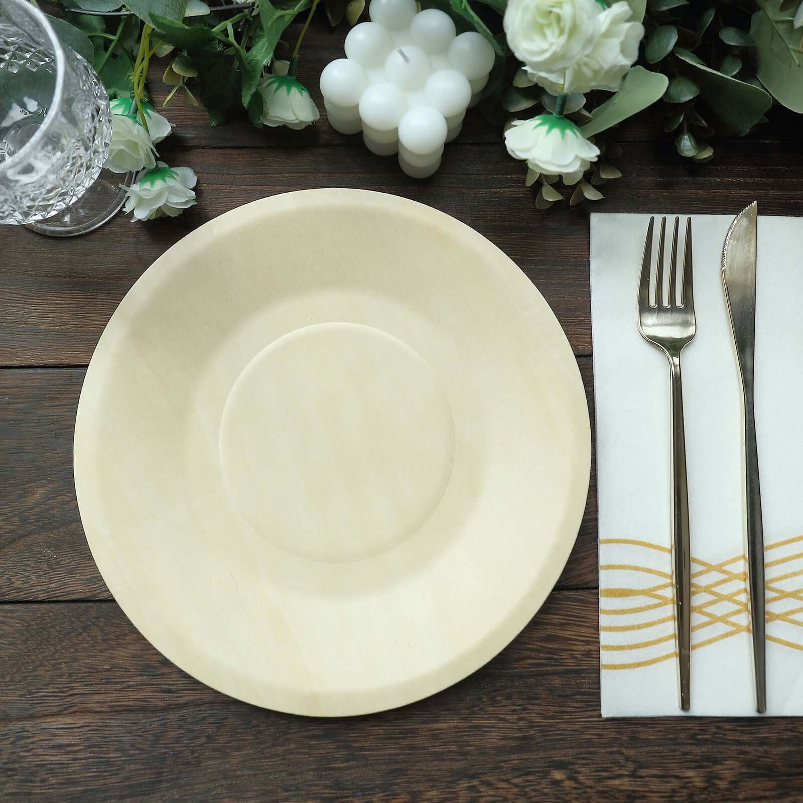 25-Pack Birchwood 9" Round Dinner Plates - Natural Eco Friendly Wooden Disposable Plates for Farmhouse-Style Events, Parties & Gatherings