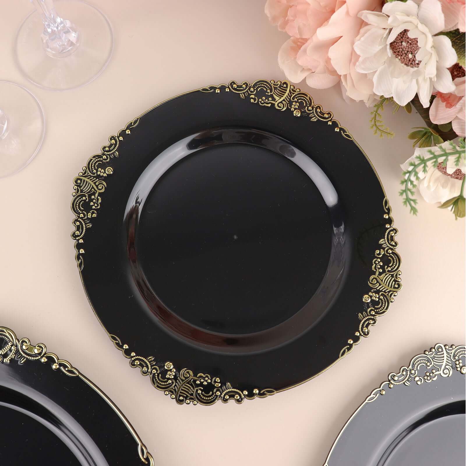 10-Pack Plastic 8" Round Dessert Plates in Black with Gold Leaf Embossed Rim - Disposable Vintage Baroque Style Salad Plates
