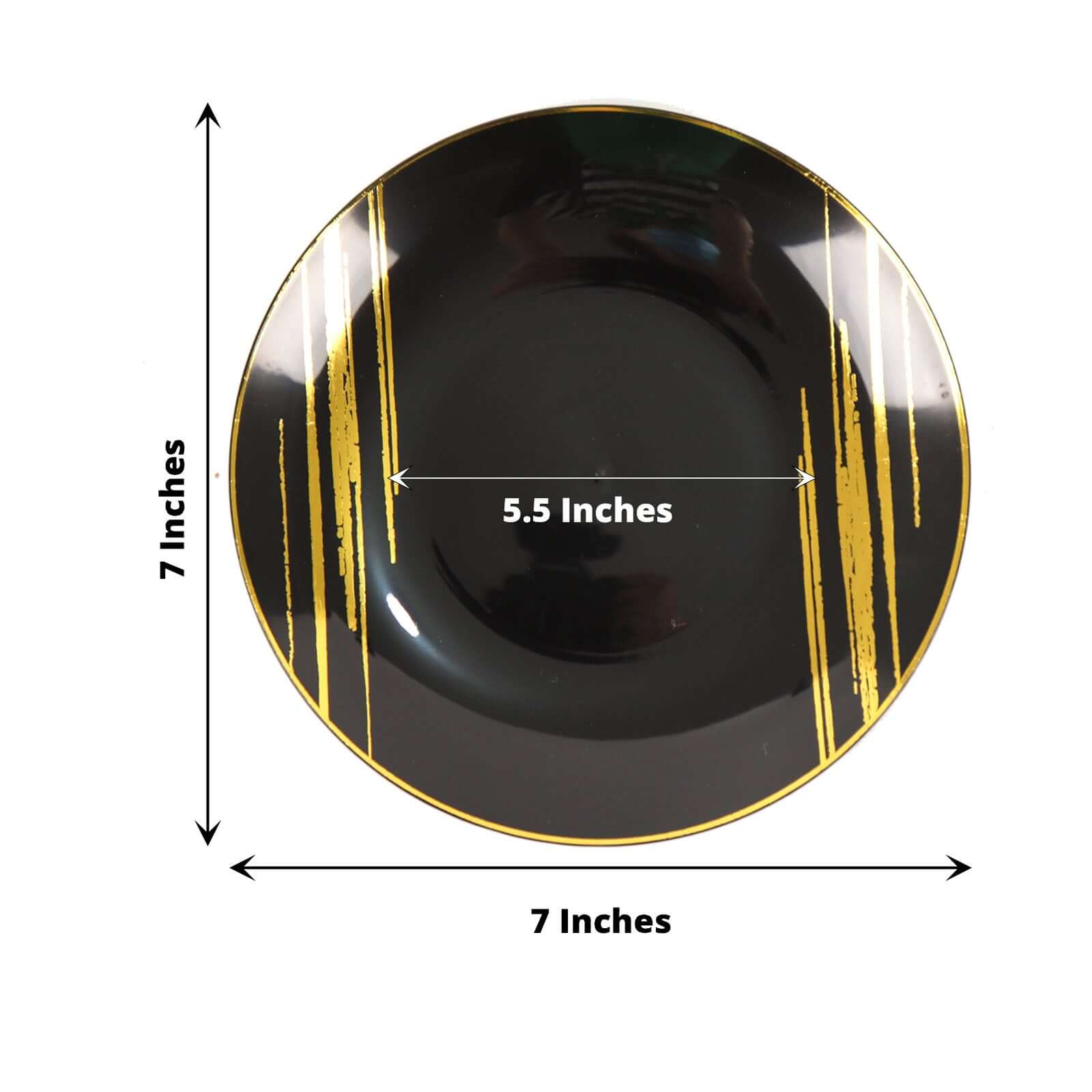 10-Pack Plastic 7" Round Dessert Plates in Black with Gold Brush Stroked Print - Disposable Appetizer Salad Plates for Modern Themed Events & Banquets